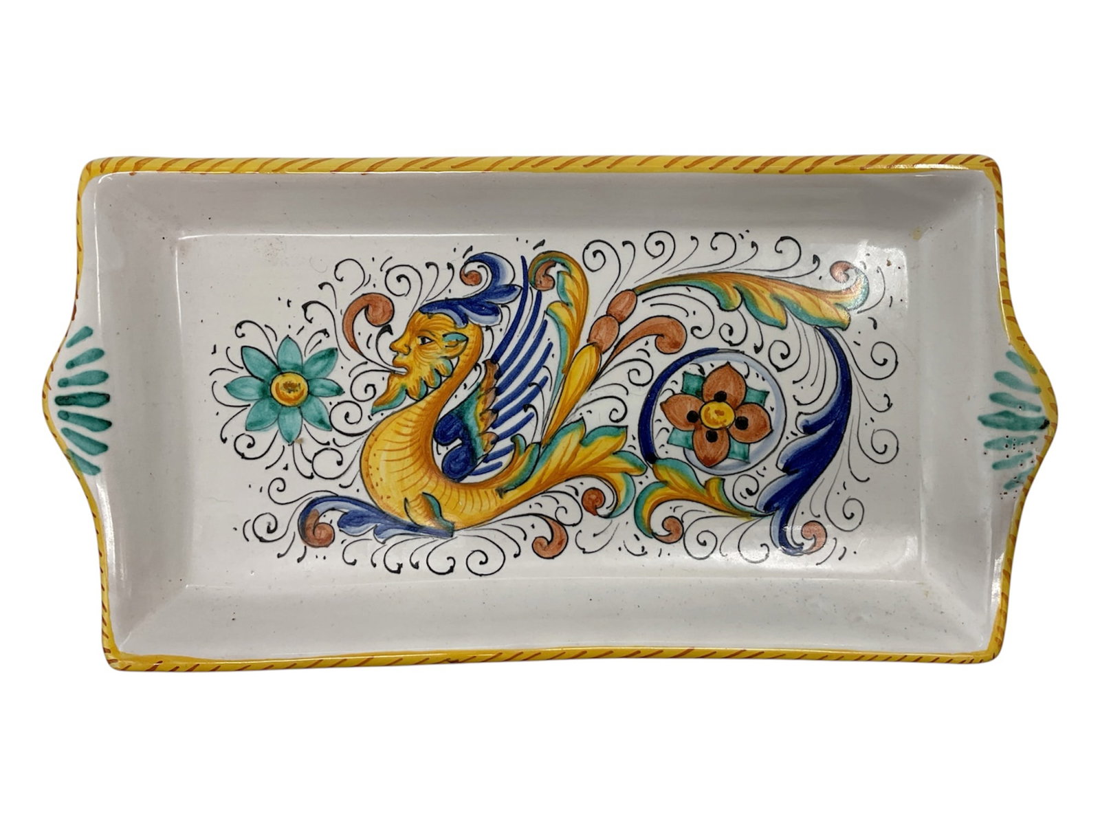 Italian Hand-Painted Ceramic Rectangular Tray with Mythical Creature: Hand-painted Italian ceramic rectangular serving or decorative tray featuring a colorful Renaissance-style grotesque motif with a winged mythical creature surrounded by scrolling foliate decoration.