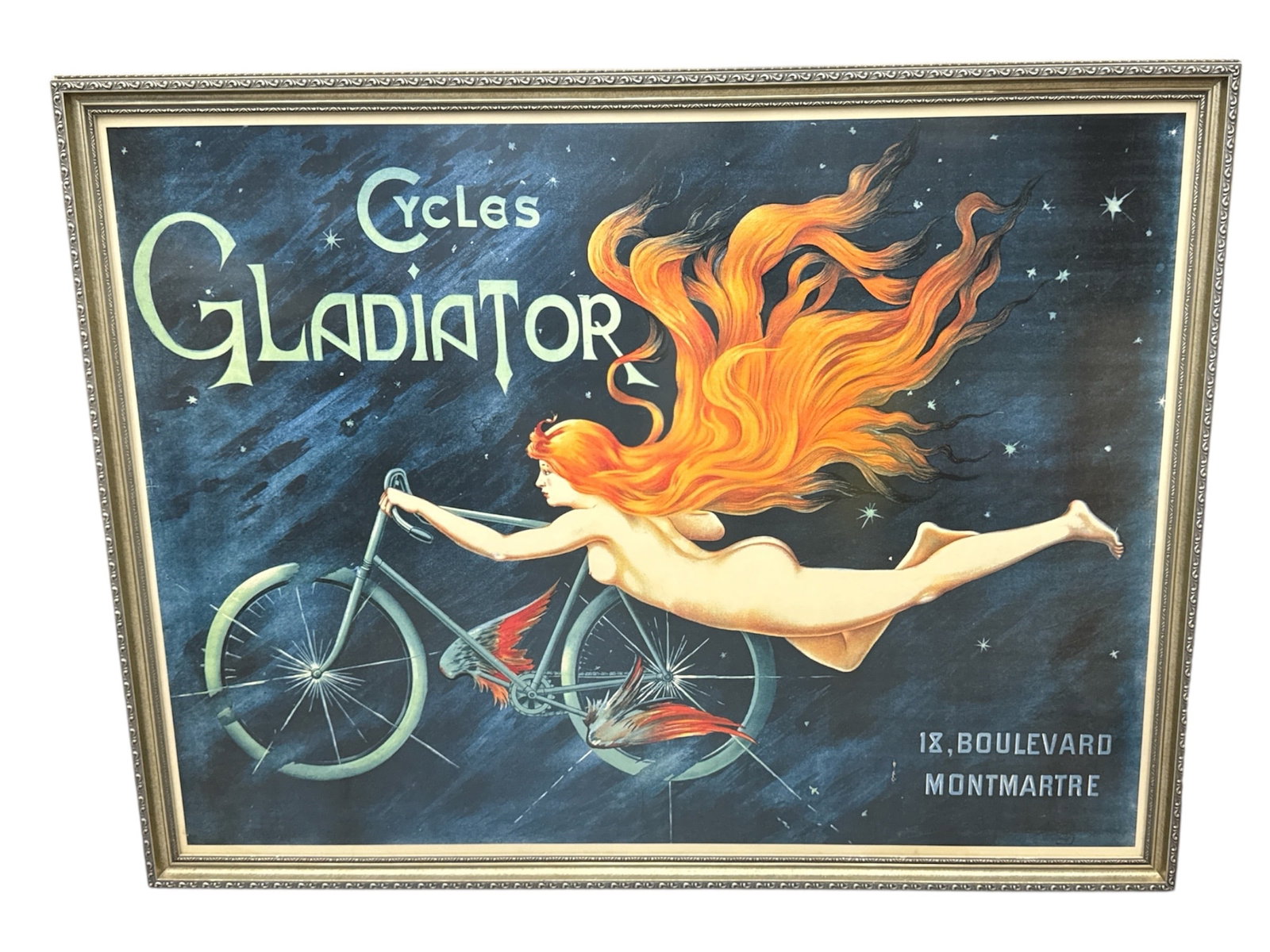 Cycles Gladiator Montmartre Decorative Poster After Belle poque Advertising: Large decorative poster featuring the iconic Cycles Gladiator advertising image depicting a flowing-haired female figure riding a bicycle against a starry night sky. Inspired by classic Belle É