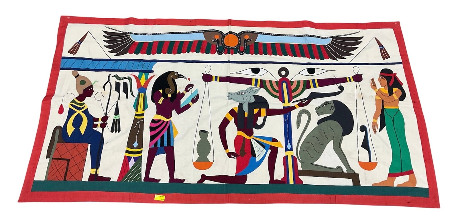 Handmade Egyptian Khayamiya Appliqué Tapestry: Handmade Egyptian appliqué tapestry, also known as Khayamiya, featuring colorful Pharaonic mythological scenes inspired by ancient Egyptian art and symbolism. The textile depicts stylized