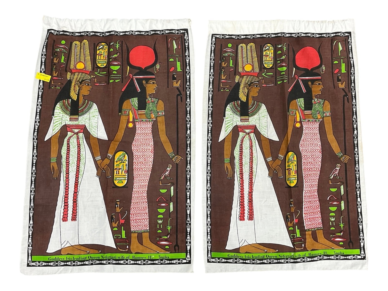 Pair of Egyptian Style Window or Curtain Covers: Pair of Egyptian style textile window or curtain covers featuring colorful depictions of ancient Egyptian figures in traditional attire with hieroglyphic-inspired decorative motifs. The compositions