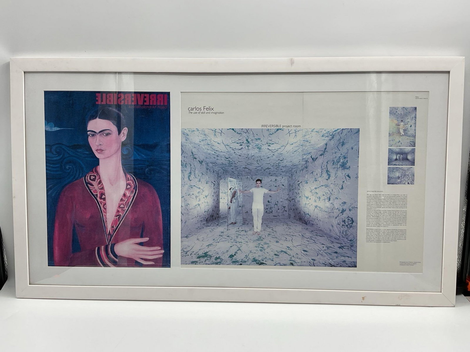 Framed Fashion Editorial Spread Featuring Frida-Inspired Portrait: A unique framed double-page magazine layout. The top panel features a stylized portrait reminiscent of Frida Kahlo, with bold colors and strong expression under the headline