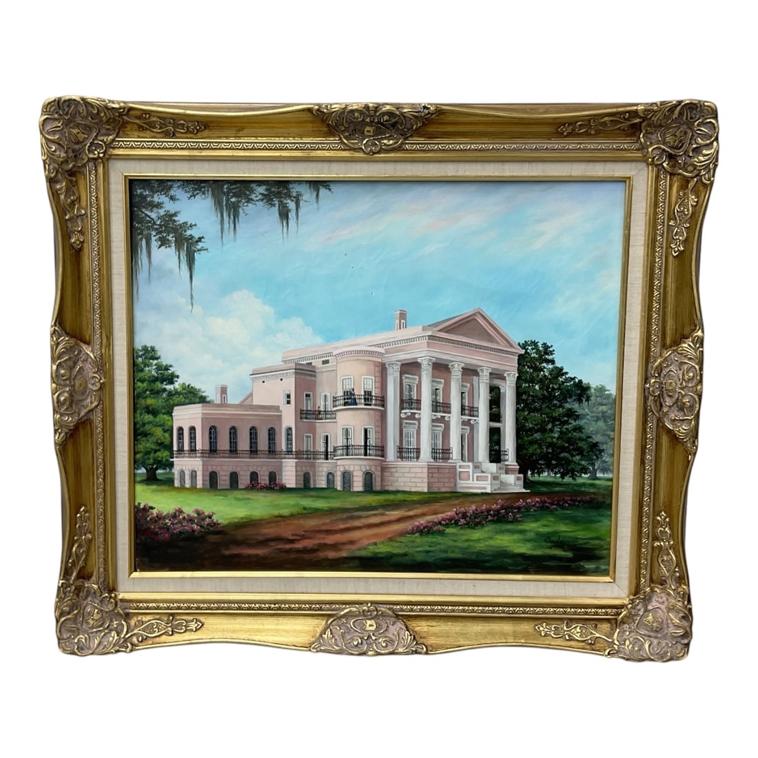 Southern Mansion Landscape Painting Signed Gayle: A decorative architectural landscape painting depicting a grand Southern-style mansion with tall white columns, palm trees, and manicured grounds. The composition captures the elegance of estate
