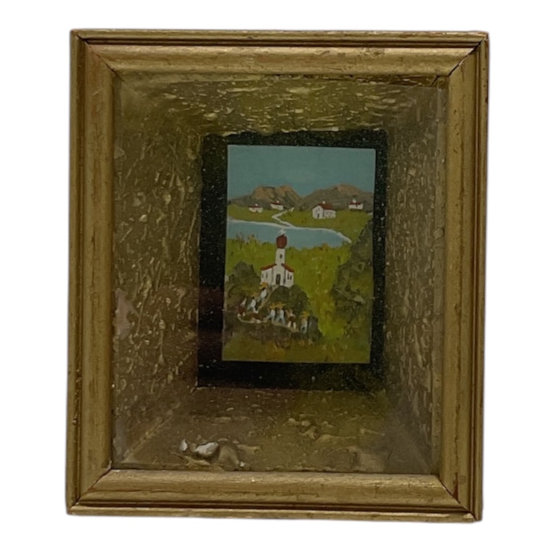 Miniature Landscape Painting: Miniature landscape painting depicting a pastoral countryside scene with water, hills, and small structures, rendered in a naïve folk-art style. The artwork is housed within an elaborate deep