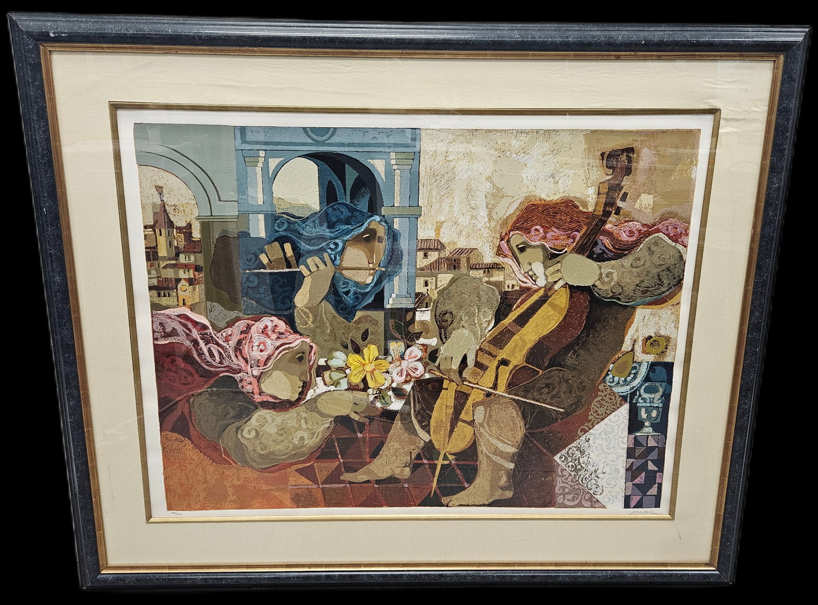 The Musicians Signed by artist (Edition 158/275): Limited edition print depicting a trio of musicians rendered in a cubist-inspired style. The work features layered textures, geometric forms, and a warm, harmonious color palette, blending abstract an