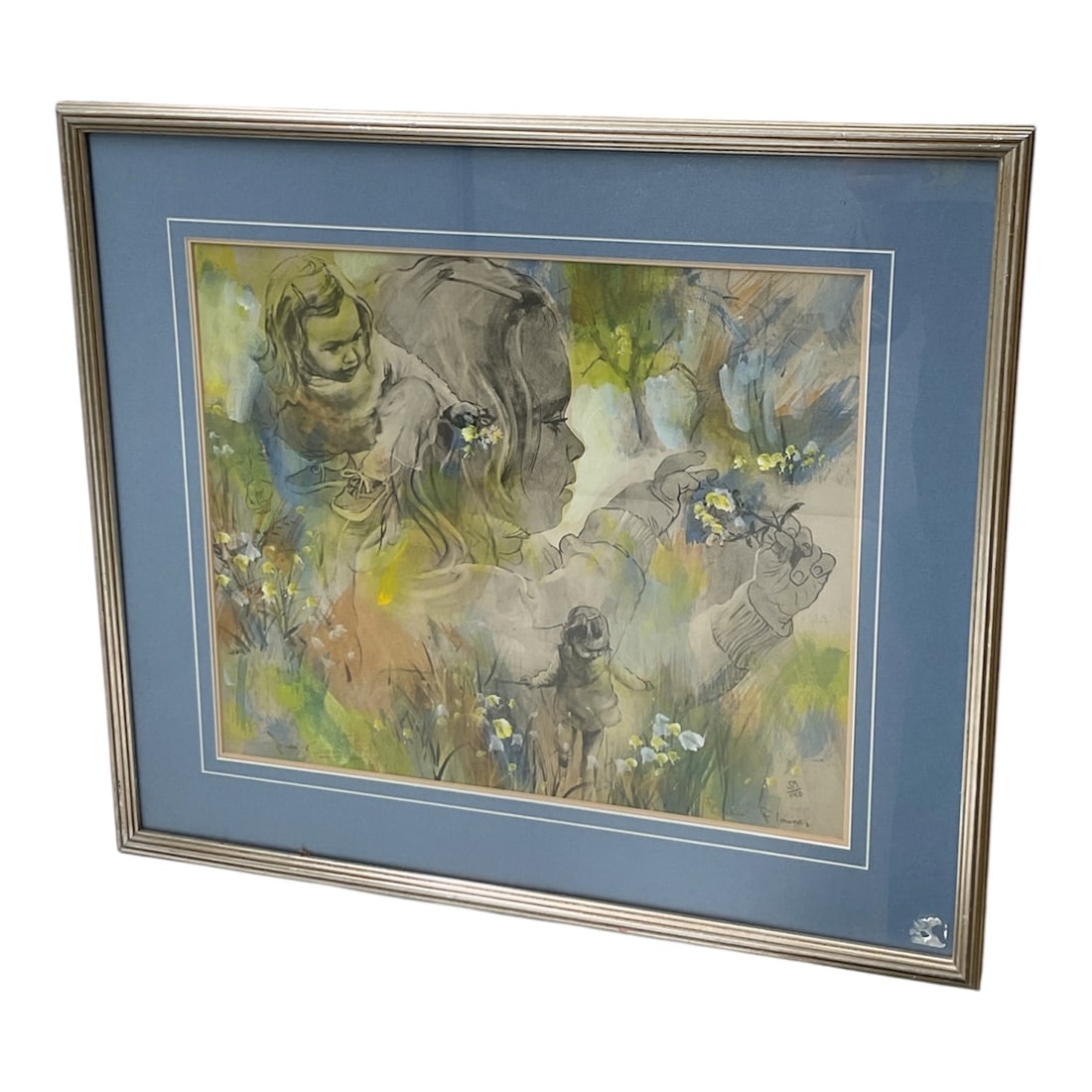 Abstract Figurative Composition - Signed, Limited Edition 59/140: Abstract figurative composition featuring softly rendered human forms and floral elements in a dreamlike palette of blues, greens, and pastel tones. Presented under glass with blue matting in a metall