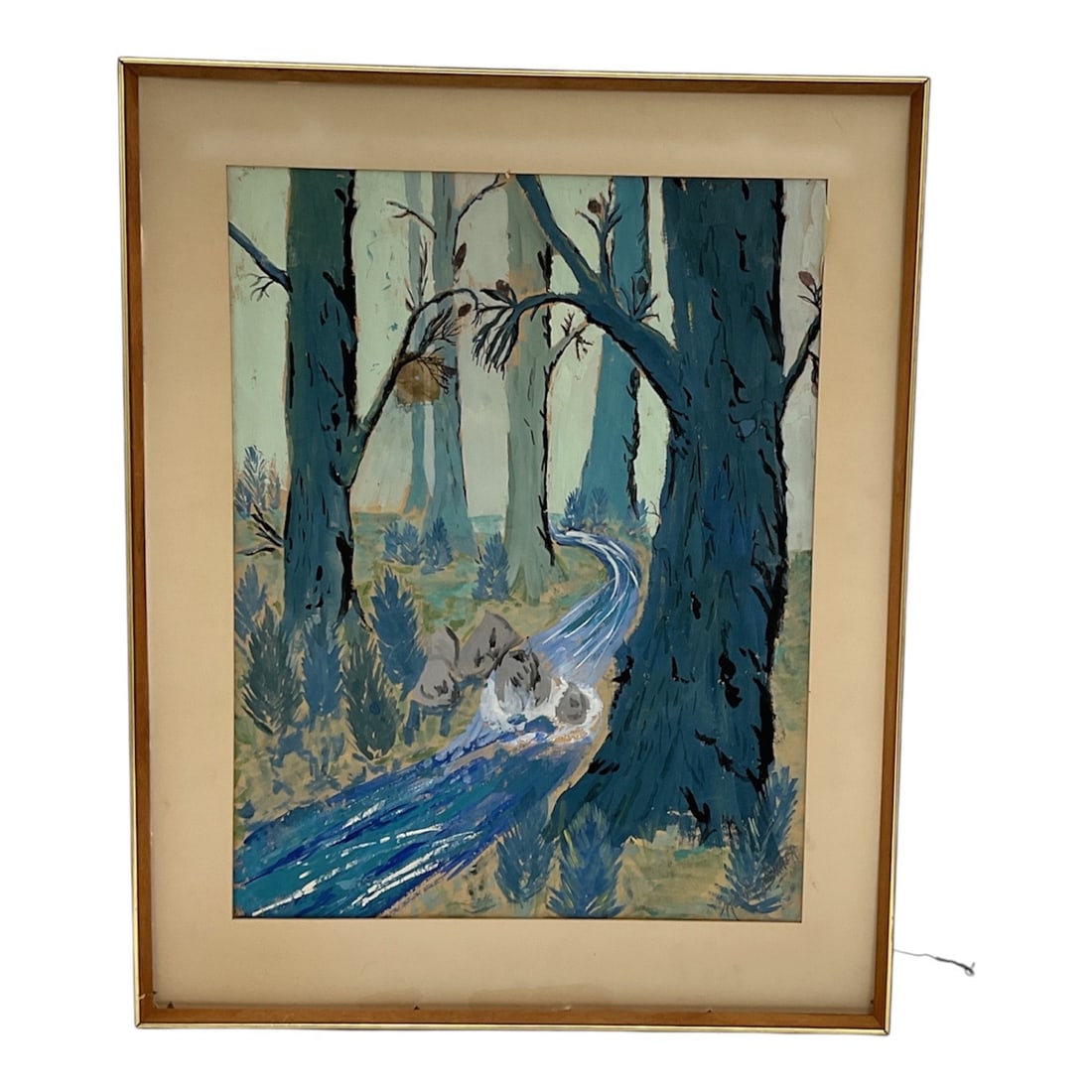 Woodland Landscape Painting - Keith Weiner: Landscape painting depicting a winding blue stream flowing through a wooded forest scene rendered in cool blue and green tones. The composition features tall tree trunks and atmospheric depth in a sty