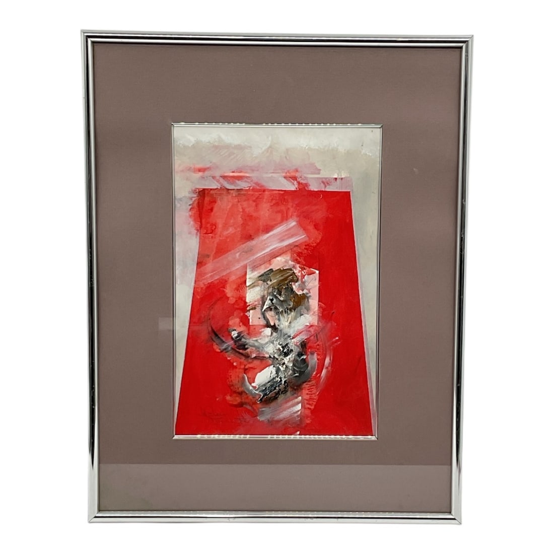 Abstract Composition in Red, Mixed Media on Paper: A striking abstract composition featuring a bold red ground layered with expressive brushwork in white, black, and earthy tones. The central form suggests gestural, almost figurative movement, contras