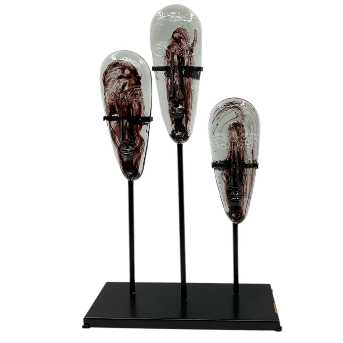 "Trio of Abstract Faces on Stand" by Zenwaro (Mexico, 21st Century) Hand-Blown Recycled Glass and (1 of 3)