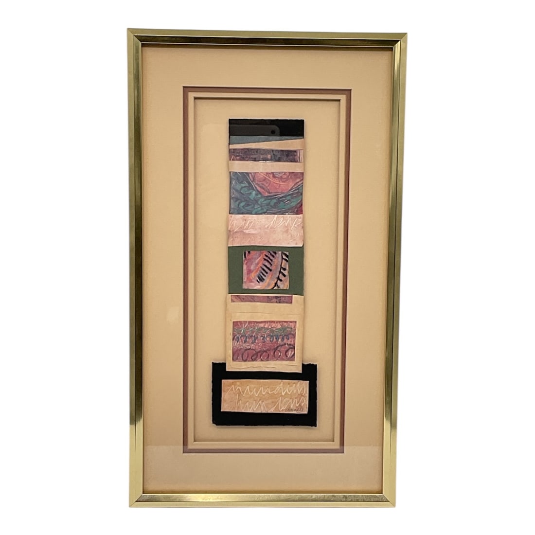 "Abstract Panel with Geometric Collage" by Charney (American, 20th/21st Century) Mixed Media on: A striking vertical abstract composition featuring a sophisticated interplay of texture and geometric form. The work is constructed using a mixed media approach, incorporating elements of hand-painted
