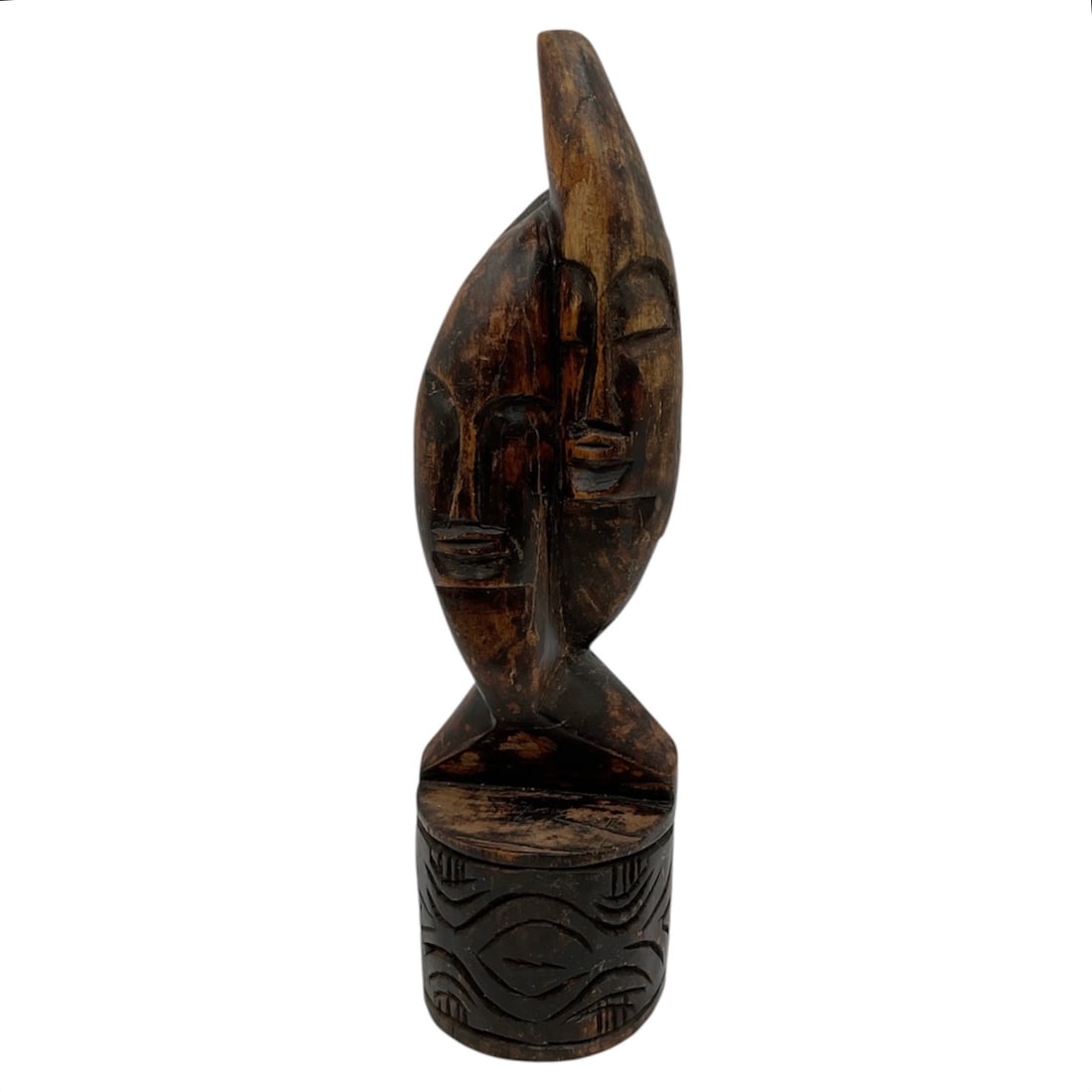 Hand-Carved Stylized Dual Face Sculpture (Africa, 20th Century) Polychrome Wood (1 of 2)