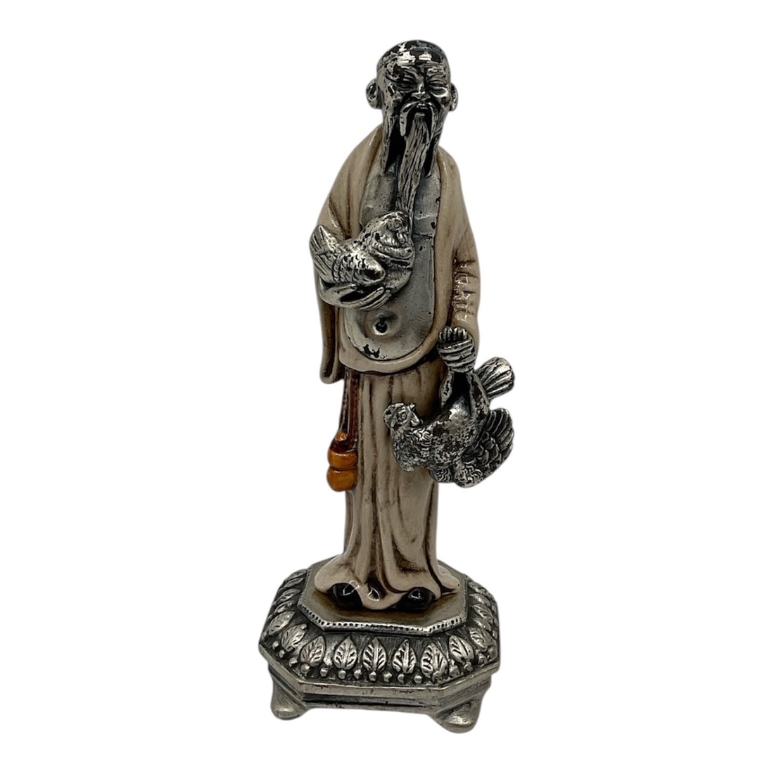 "Oriental Sage Holding Chickens" by Peltro Italy (Italy, 20th Century) Silvered Pewter and Resin: A vintage Italian-made figurine depicting a Chinese sage or immortal figure in traditional flowing robes. The figure is intricately detailed, holding a cluster of chickens or fowl in his hands. The sc