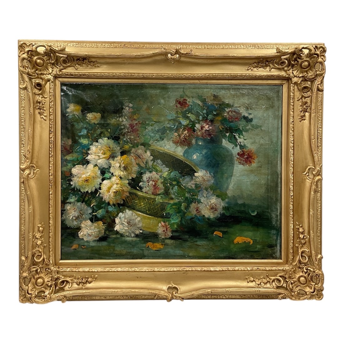 Impressionist Floral Still Life Oil Painting Framed: Framed impressionist style oil painting depicting a floral still life arrangement with white and red blossoms in a blue vase beside a basket. Executed with textured brushwork and rich coloration again