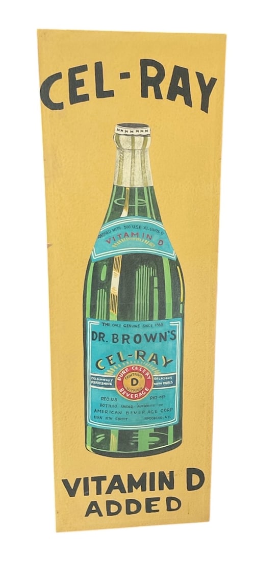 "Dr. Brown's Cel-Ray Vitamin D Added" (American, 20th Century) Acrylic on Canvas: This oversized pop-art style painting depicts a vintage bottle of Dr. Brown’s Cel-Ray soda against a solid mustard-yellow background. The work features bold, graphic lettering and a detailed rec