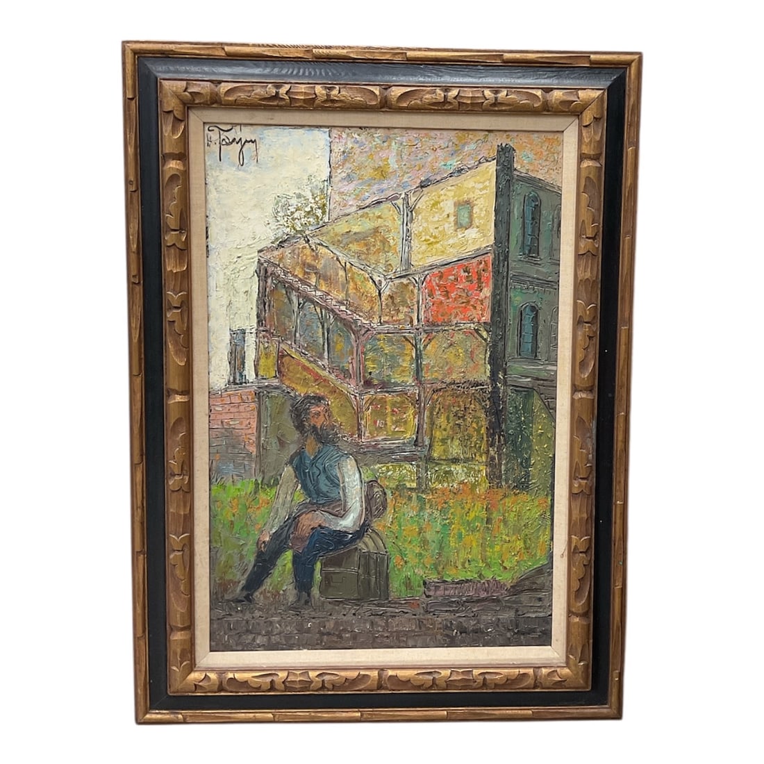 "Cityscape with Seated Figure" by H. Torner (American, 20th Century) Oil on Canvas: This expressive oil painting features a bearded man in a hat seated on a wooden trunk in the foreground, set against a hazy, atmospheric cityscape with prominent skyscrapers. The artist employs a heav