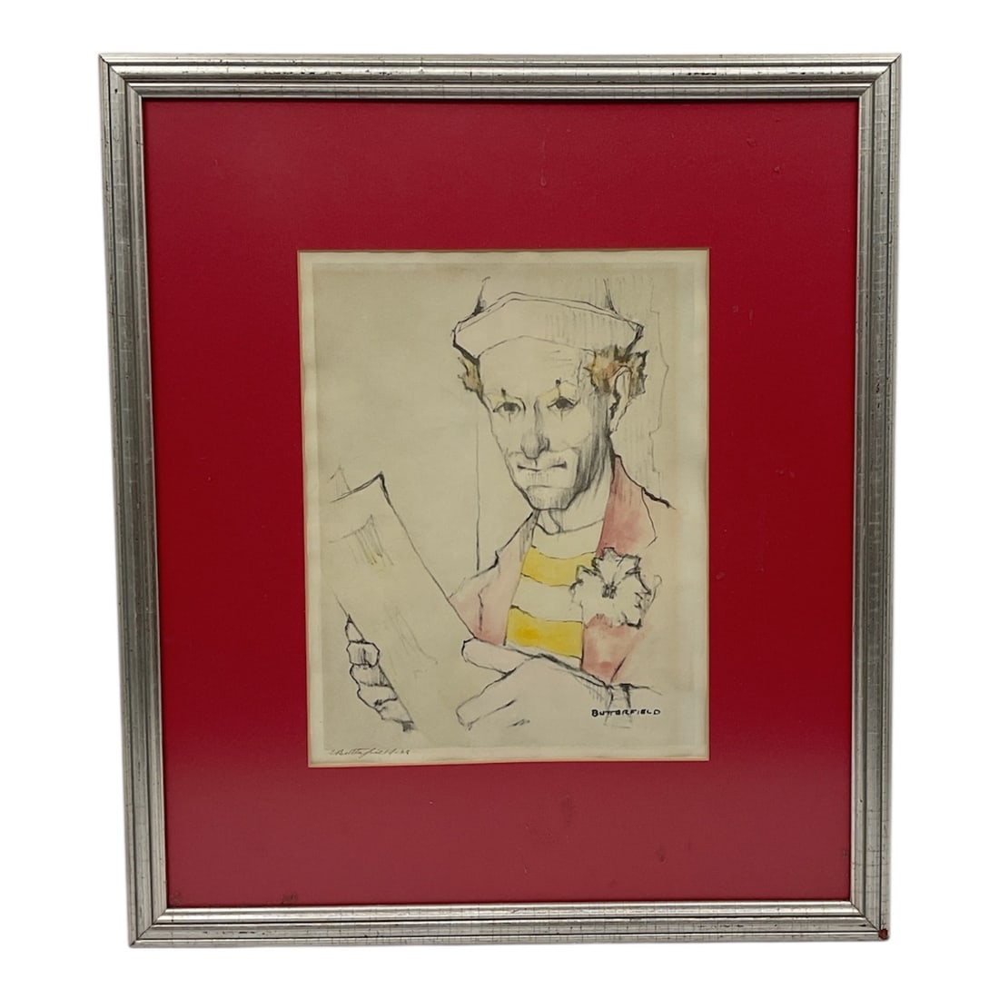 "Portrait of a Clown" by W. Cortland Butterfield (American, 1904-1977) Lithograph: A mid-century lithograph depicting a circus clown in profile, rendered with expressive linework and a vibrant palette. The subject is shown with a wide-brimmed hat and an oversized ruffled collar, hal