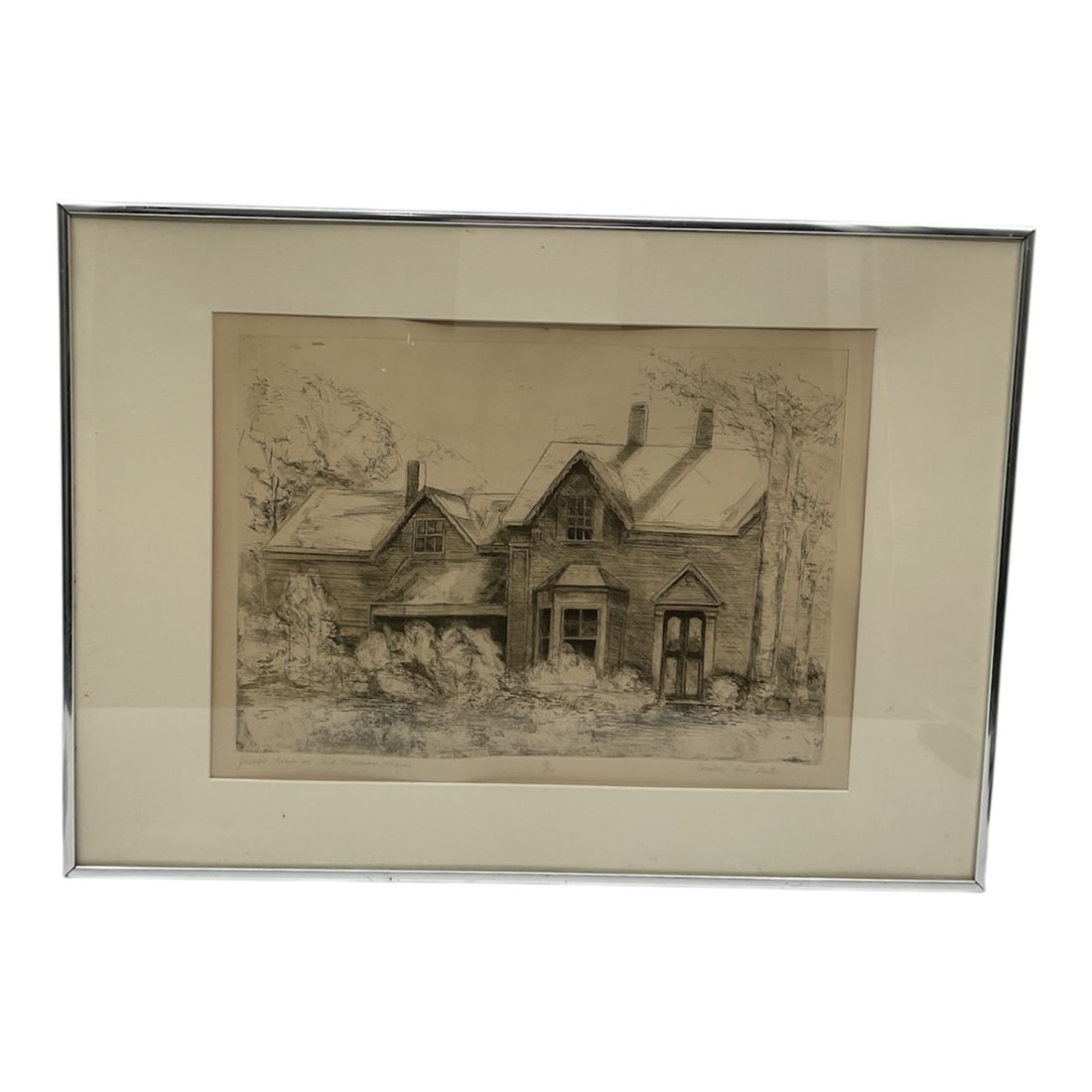"Jacobs house in East Madison, Maine" by Candace Ann Reuter (American, B.1948) Etching: This limited edition etching depicts a traditional New England home, identified in the lower margin as Jacobs house in East Madison, Maine. The work utilizes fine line work and cross-hatching to creat