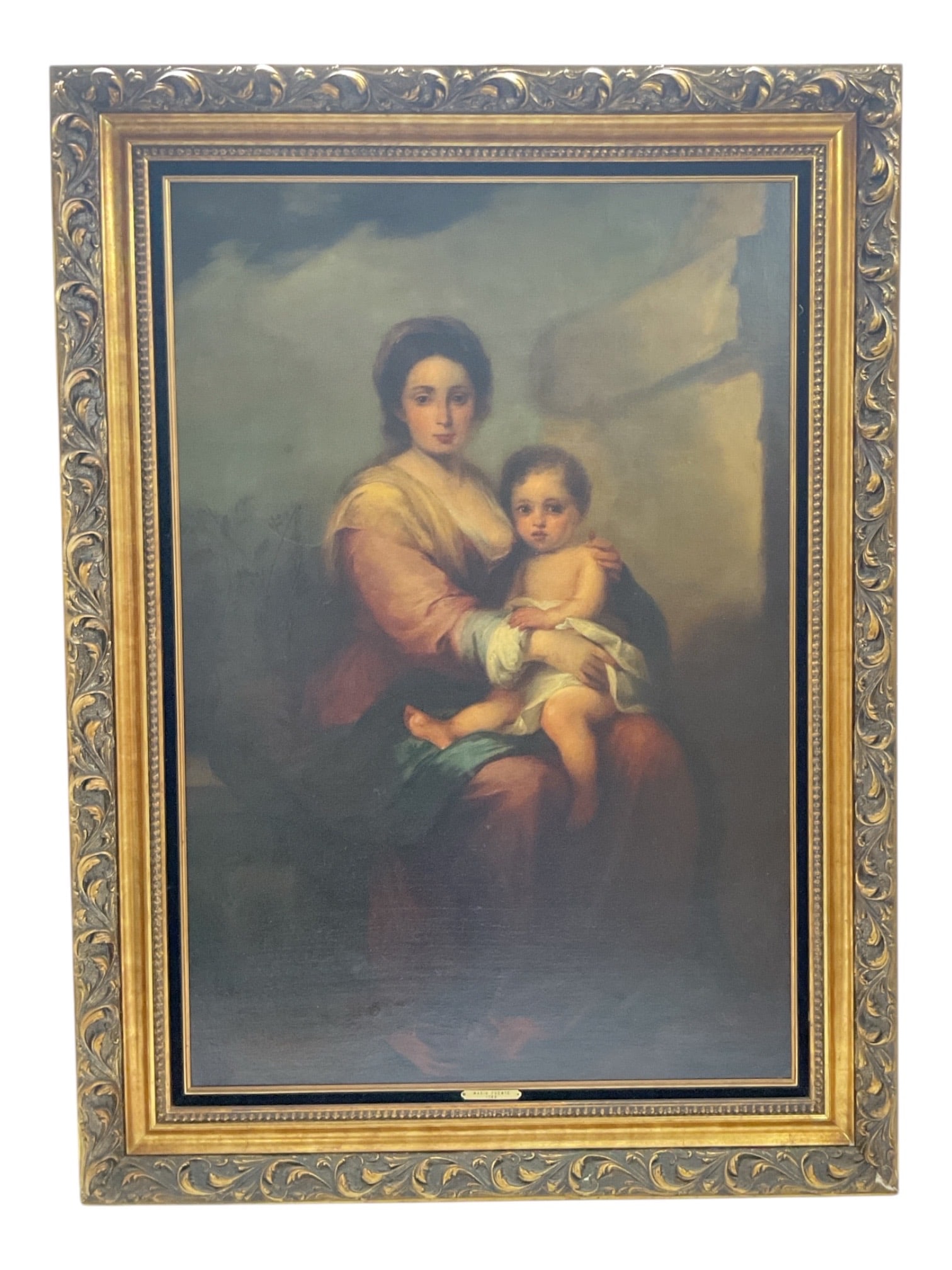 Religious Portrait Painting after Mario Fuente, 1769: A large religious-style portrait painting depicting a seated mother and child in the manner of 18th-century devotional art. The composition features soft muted tones and classical styling reminiscent 