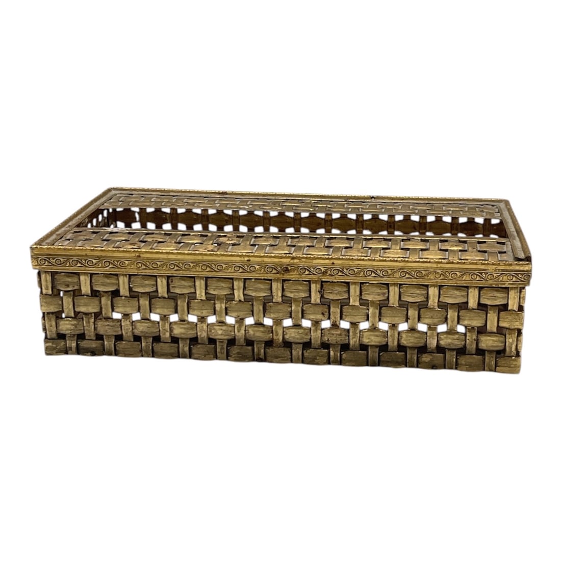 Vintage Stylebuilt Hollywood Regency Gold-Tone Tissue Box Holder: Vintage Stylebuilt Hollywood Regency tissue box holder featuring ornate gold-tone filigree trim and basketweave-style metalwork. The rectangular form displays an elegant openwork design