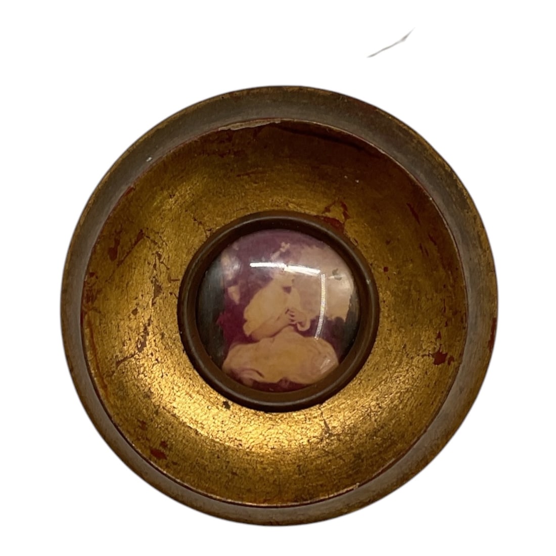 Framed Classical Profile Medallion: A decorative framed medallion featuring a classical female profile rendered in soft pink and cream tones beneath a domed glass cover. The medallion is mounted within a circular gilt-tone surround with