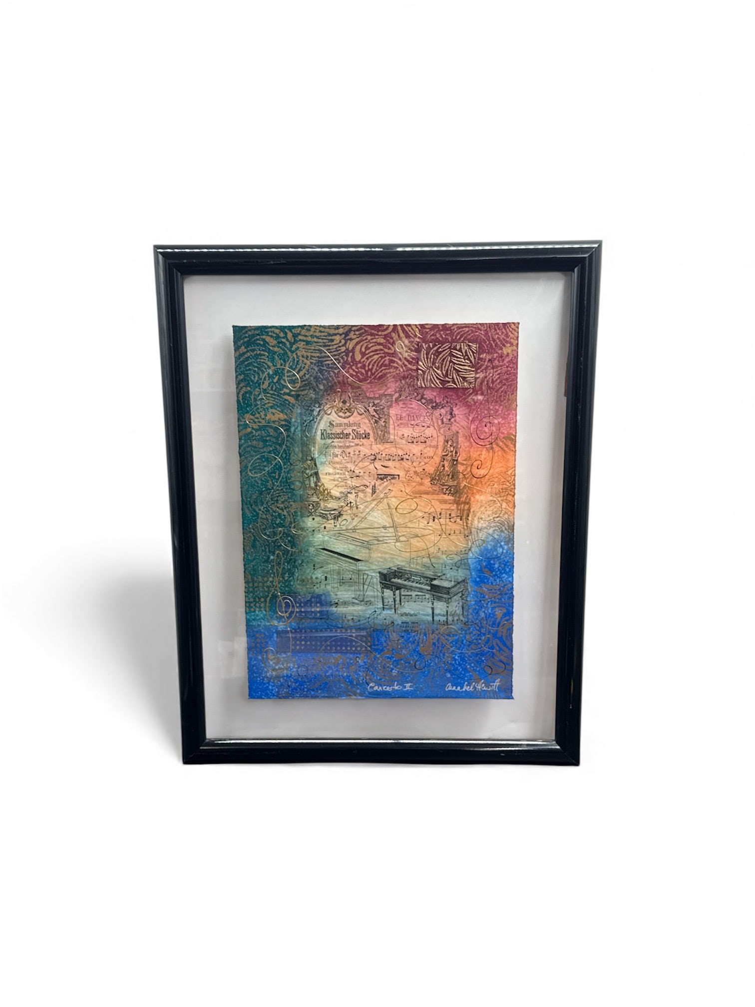 Annabel Hewitt, Concerto II, Mixed Media on Paper: Original mixed media work on paper by Annabel Hewitt, titled 'Concerto II'. Features musical motifs and abstract elements. Framed. Dimensions: H:32in L:26in