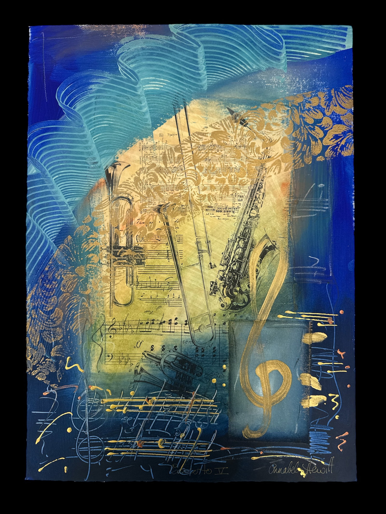 "Rhapsody IV" Anabel Hewitt (England, b.1946) Mixed Media on Paper: Original mixed media on paper by Annabel Hewitt, titled 'Rhapsody IV'. Features musical instruments and notes in gold and black against a blue background. Signed lower right. Dimensions: 23 x