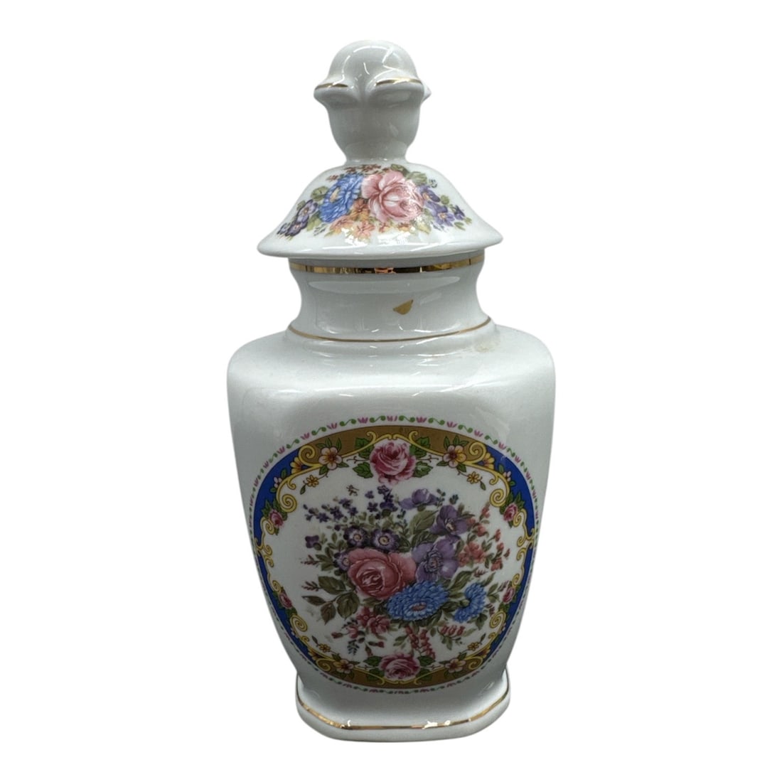 Ethan Allen Home Collection Italian Porcelain Lidded Jar Vase: Elegant porcelain lidded jar from the Ethan Allen Home Collection, crafted in Italy and decorated with vibrant floral motifs. The front features a colorful bouquet design framed by ornate detailing, w