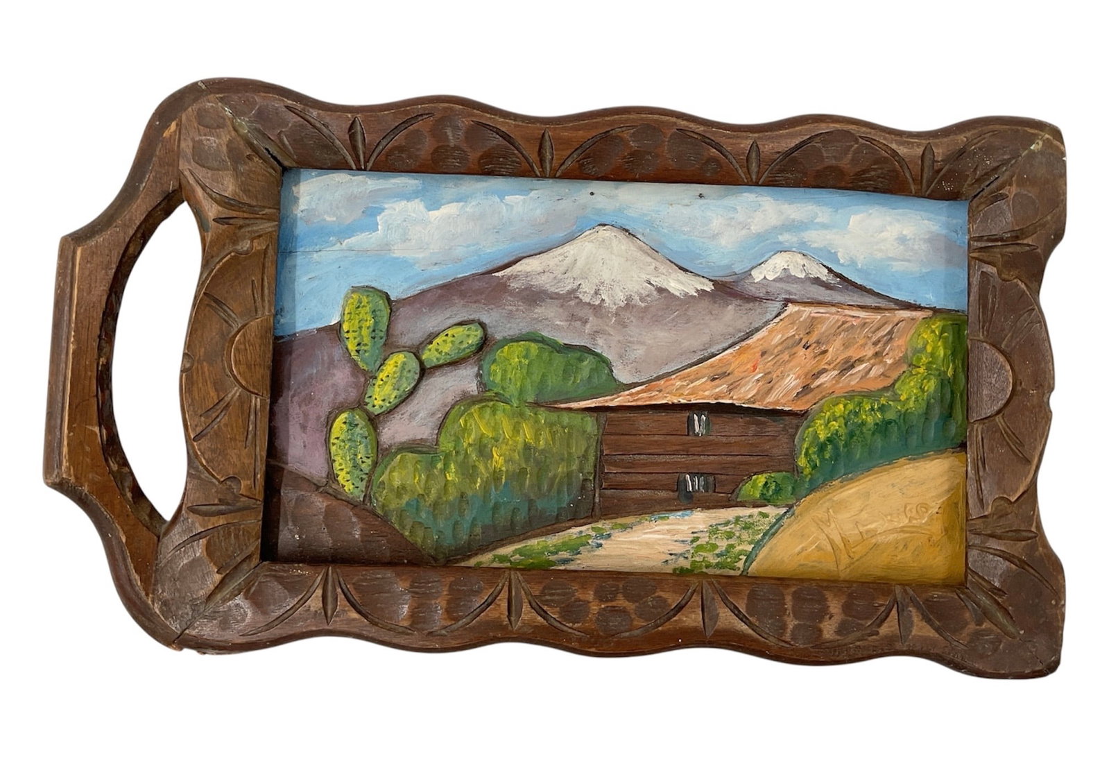 Hand-Carved Mexican Wooden Serving Tray with Mountain Landscape Painting (1 of 4)