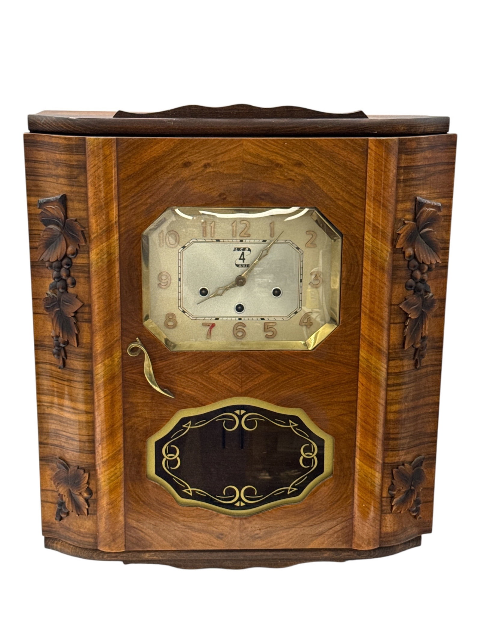 Vintage Art Deco Wall Clock with Carved Wood Case and Glass Door (1 of 5)