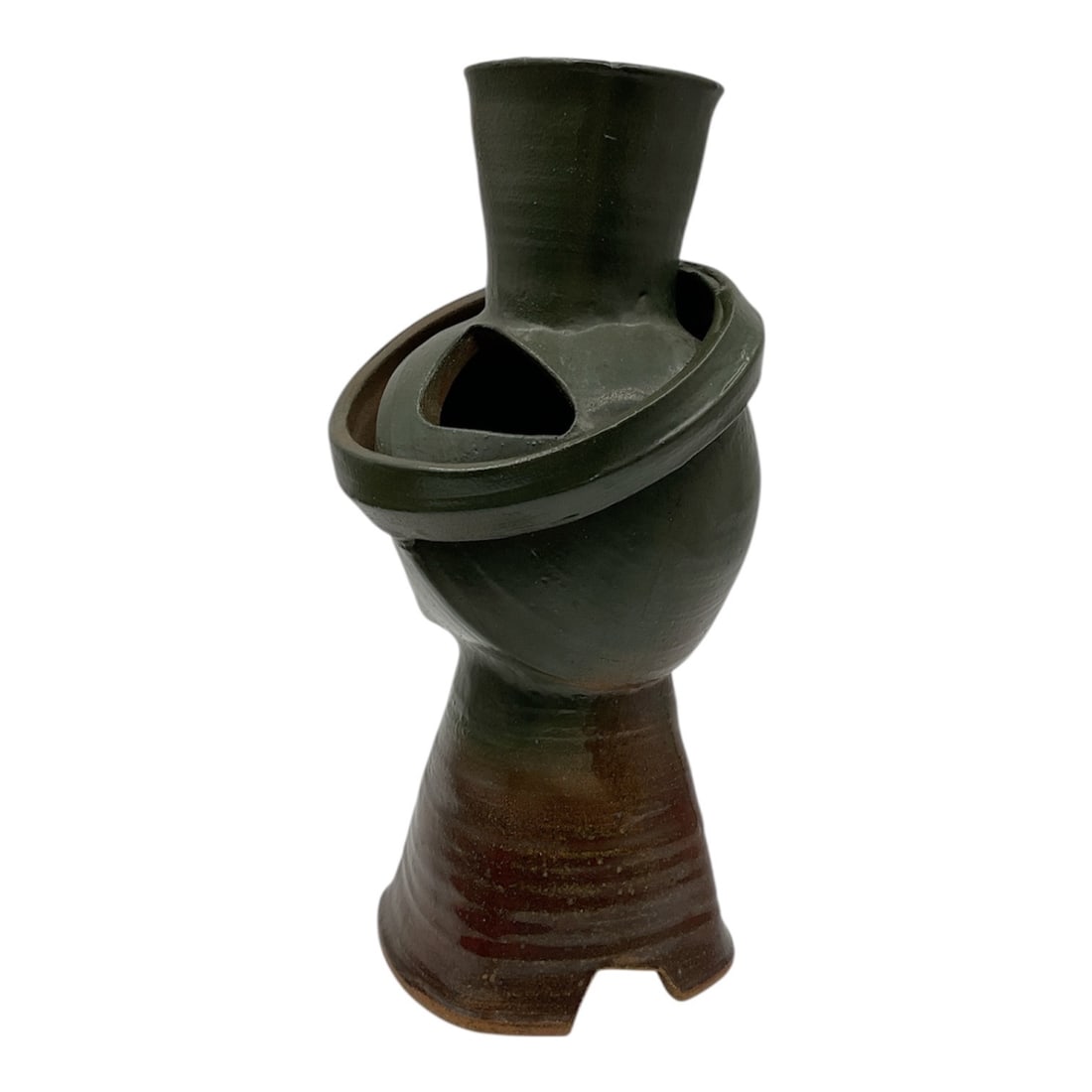 "Abstract Deconstructed Vessel" by John Hickmon (United States, 20th/21st Century) Glazed Stoneware: This sculptural studio pottery vessel features a highly experimental, tiered construction. The mid-section is characterized by a bulbous form pierced by triangular cutouts and partially enveloped by a
