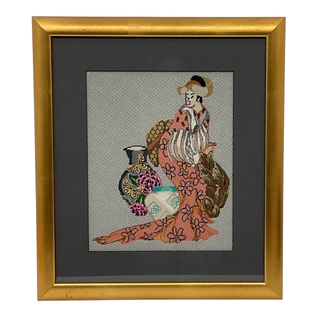 Framed Asian Figural Needlepoint Textile Artwork (1 of 3)