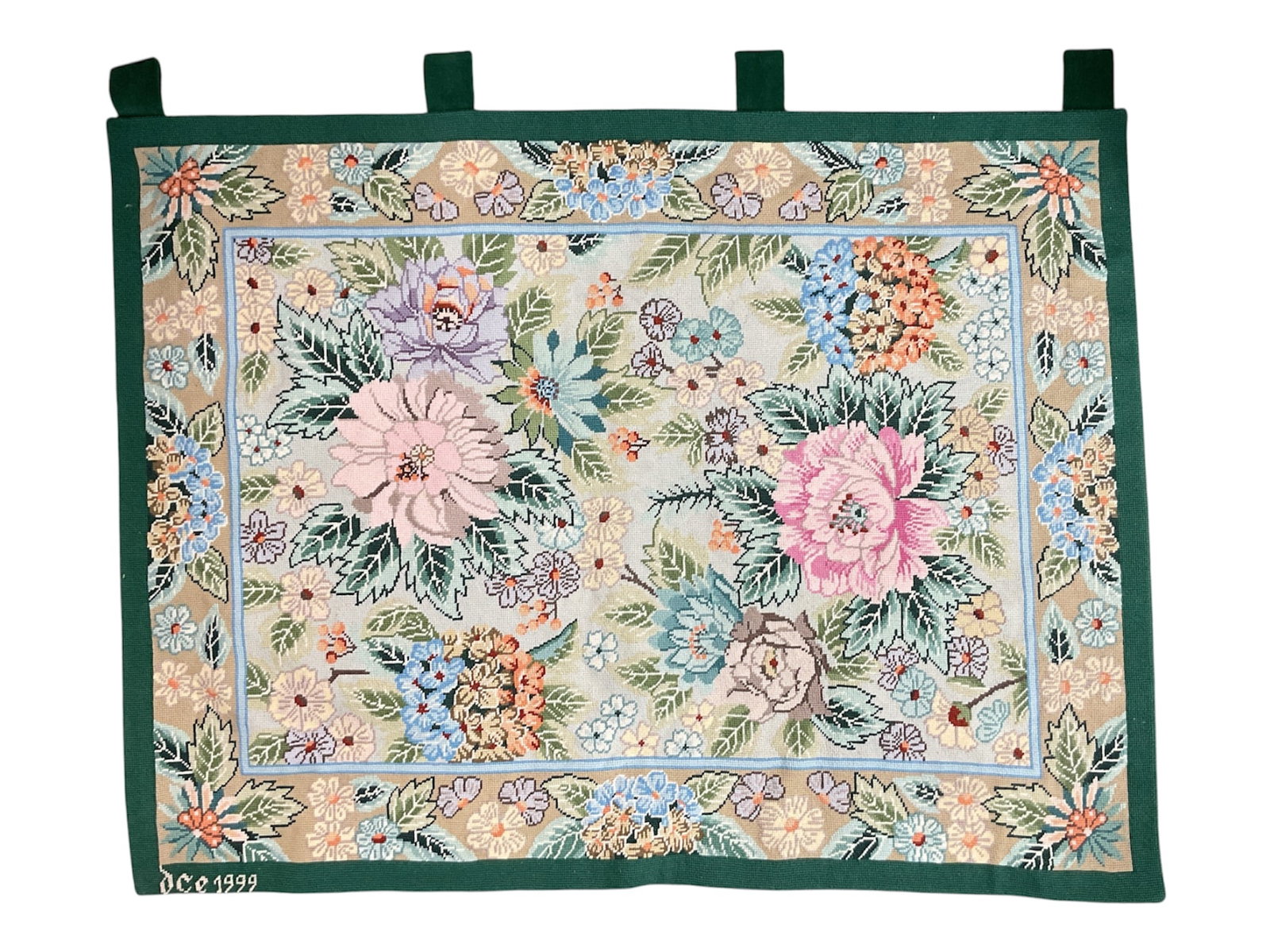 Signed DCE 1999 Floral Needlepoint Textile Wall Hanging (1 of 3)