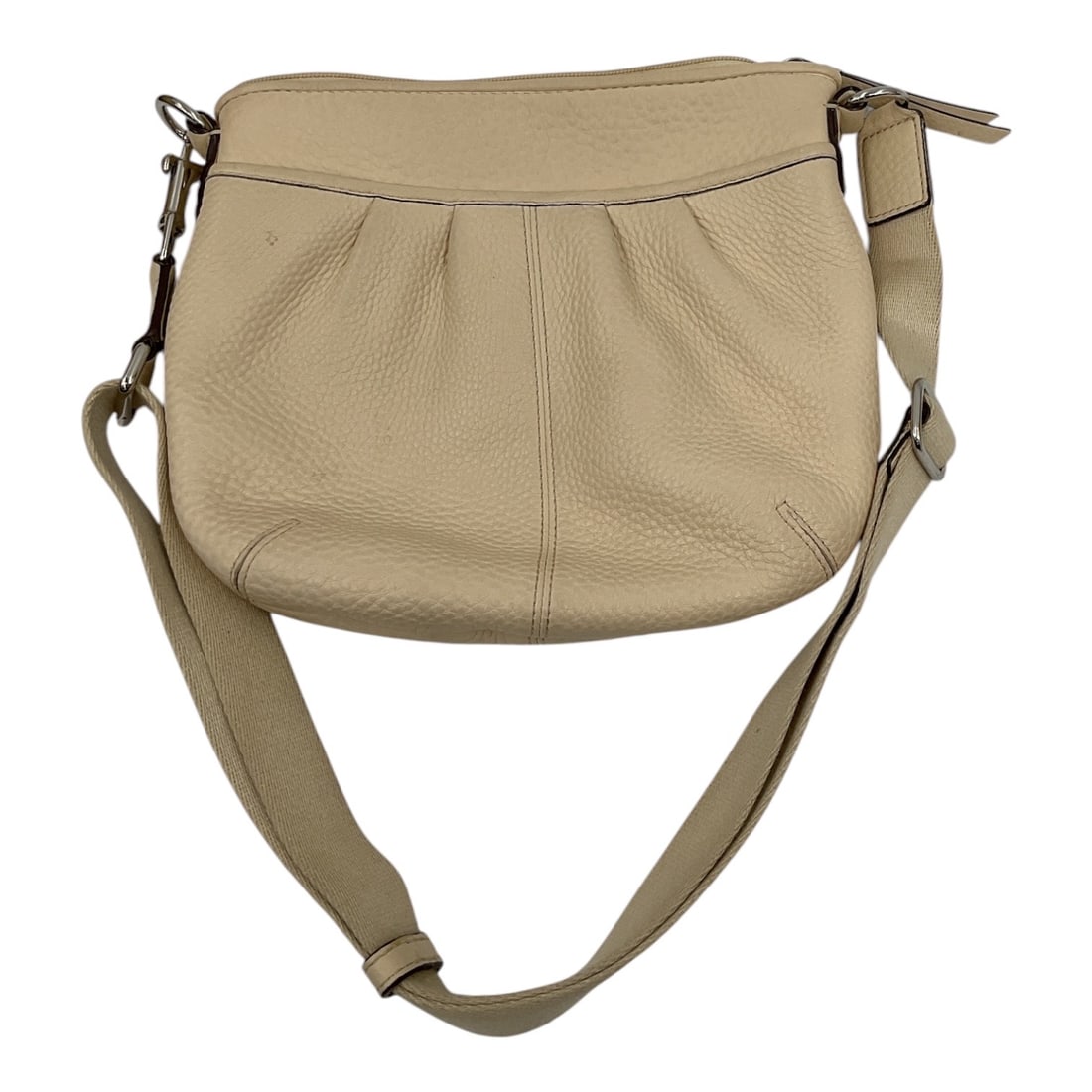 Leather Crossbody Shoulder Bag: A versatile leather shoulder bag crafted in cream pebbled leather with a softly structured silhouette and adjustable crossbody strap. The bag features silver-tone hardware, zip-top closure, and a cont