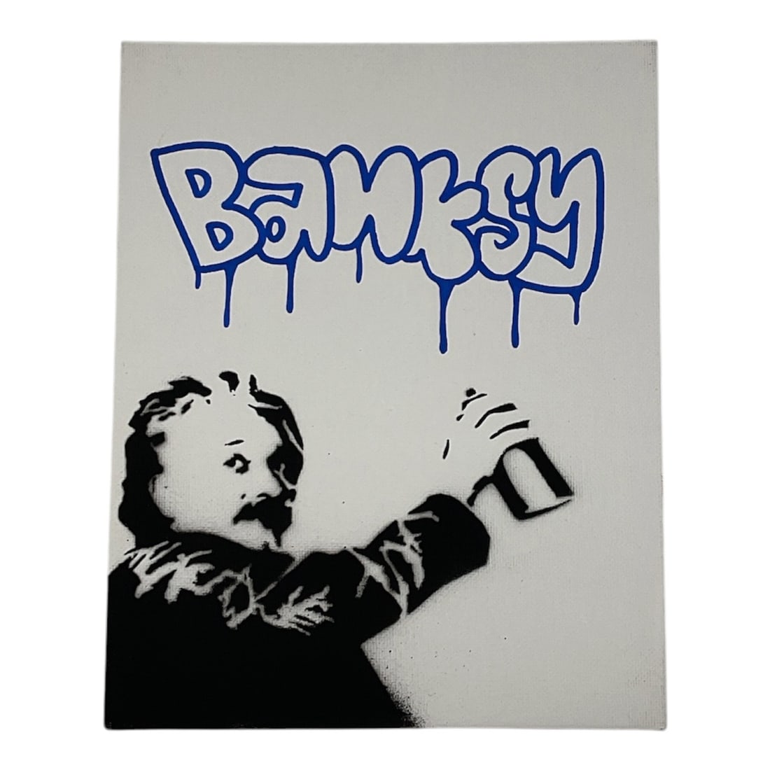 Banksy Dismaland "Albert Einstein" Spray Paint on Canvas: Original Banksy stencil artwork depicting a figure reminiscent of Albert Einstein holding a spray paint can beneath stylized “Banksy” graffiti lettering. This stencil design was featured a