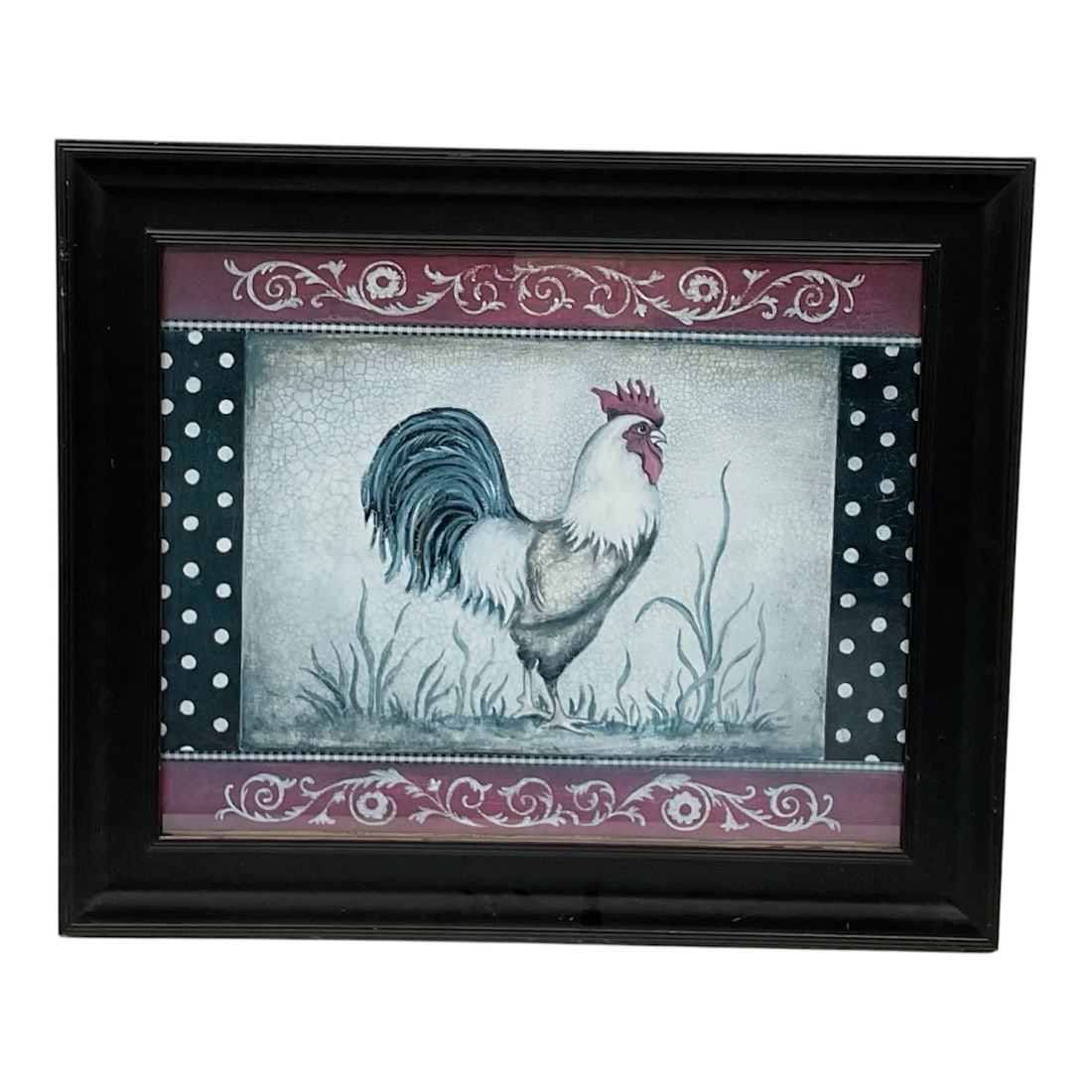 Framed Folk Art Rooster Print by Kimberly Poloson: Framed folk art style print depicting a rooster standing amid tall grass, executed in a rustic country aesthetic with muted tones and decorative bordering. The composition is accented by patterned tri