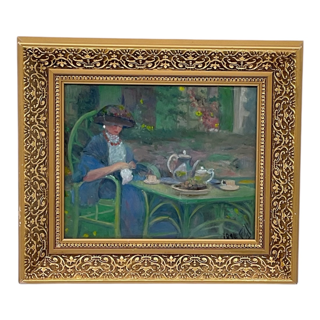 "Woman at Tea" by Casper Hodne (Norway, 1856-1915) Oil on board: This impressionist work depicts a woman in an elegant blue dress and a wide-brimmed floral hat seated at a green garden table. She appears to be engaged in needlework or preparing tea, with a silver