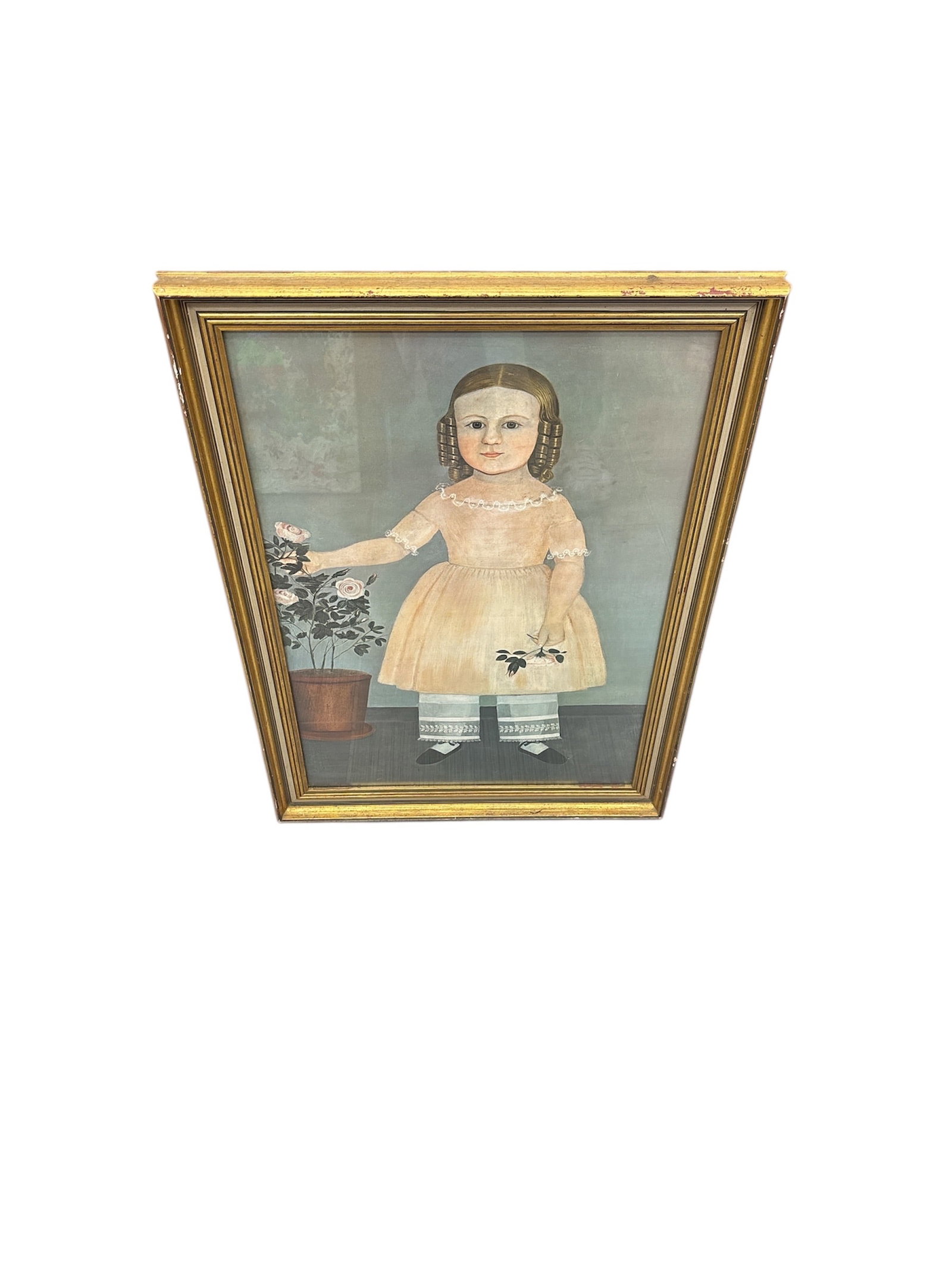 Vintage American Folk Art Print: "Young Girl with Flowers" after Samuel Miller: Description This is a charming vintage print, likely dating from the 20th century, that reproduces the famous mid-19th century American folk art painting 