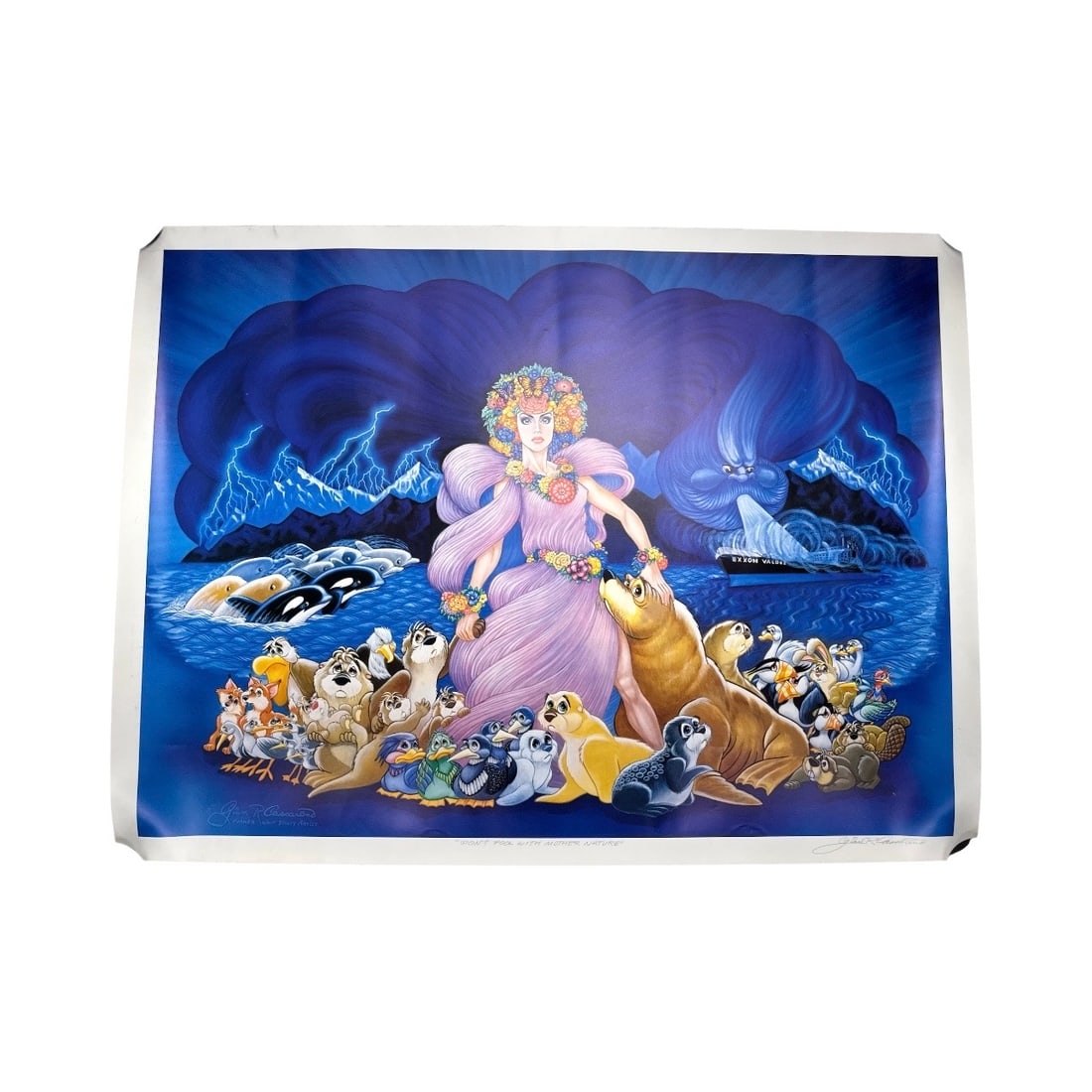 Gian R. Cassarino "Don't Fool With Mother Nature" Poster: Poster by Gian R. Cassarino, a former Walt Disney artist, titled "Don't Fool With Mother Nature." Features a central female figure surrounded by animals in a seascape with stormy skies.
