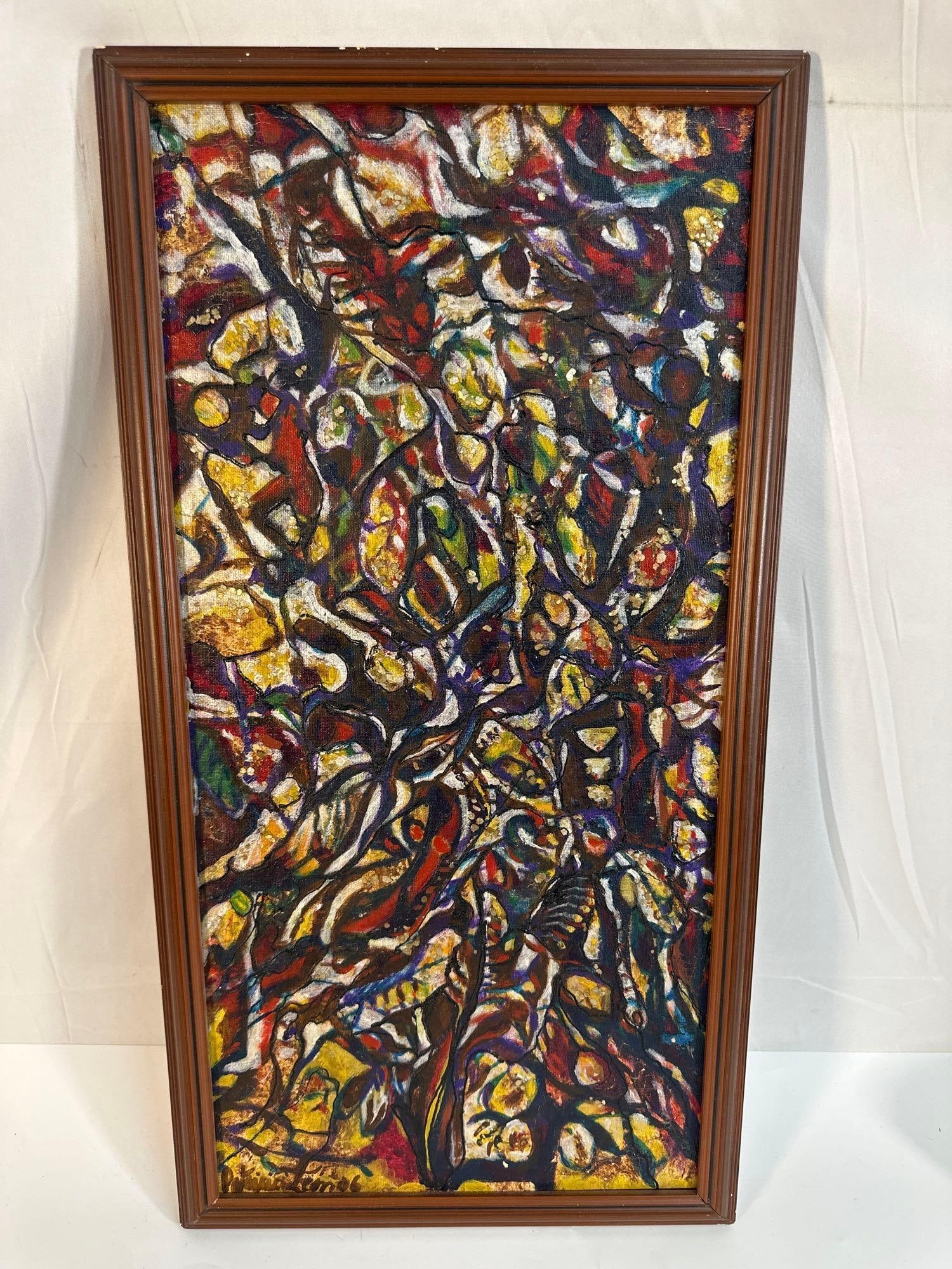 "Abstract Fusion" by Patricia Leon(Ecuador) Oil and Chocolate on Canvas:  This vibrant and dynamic artwork by Ecuadorian artist Patricia Leon showcases an intricate abstract composition with a fascinating twist—paint mixed with chocolate. The painting is filled 
