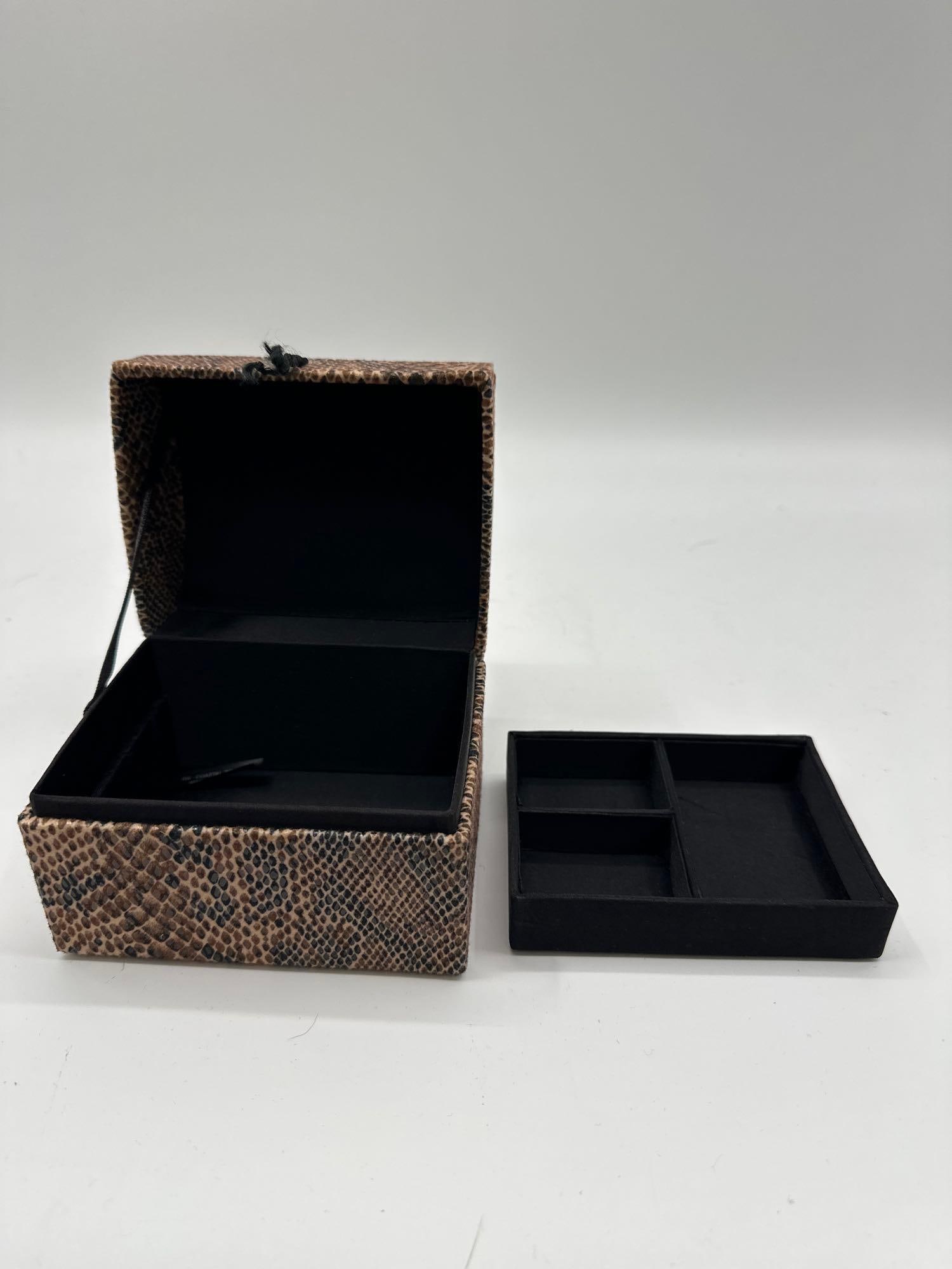 Faux Snakeskin Jewelry Display Box - cloth - Brand new:  Rectangular hinged jewelry box with a brown and black faux snakeskin exterior and a soft black interior lining. . Ideal for storing or gifting rings, earrings, or small collectibles. Medium: Fau