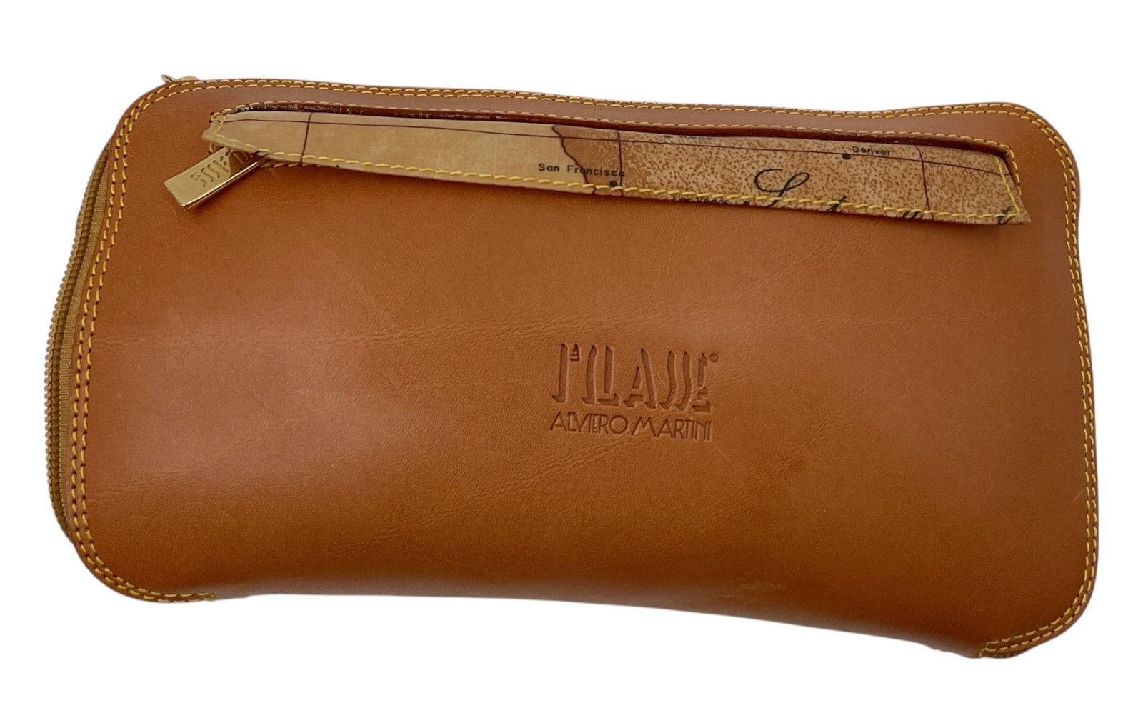 Alviero Martini Prima Classe Map Print Travel Bag and Leather Pouch: Italian designer Alviero Martini Prima Classe travel bag featuring the iconic world map print canvas with brown leather trim and matching handles. Includes coordinating tan leather zip pouch embossed 