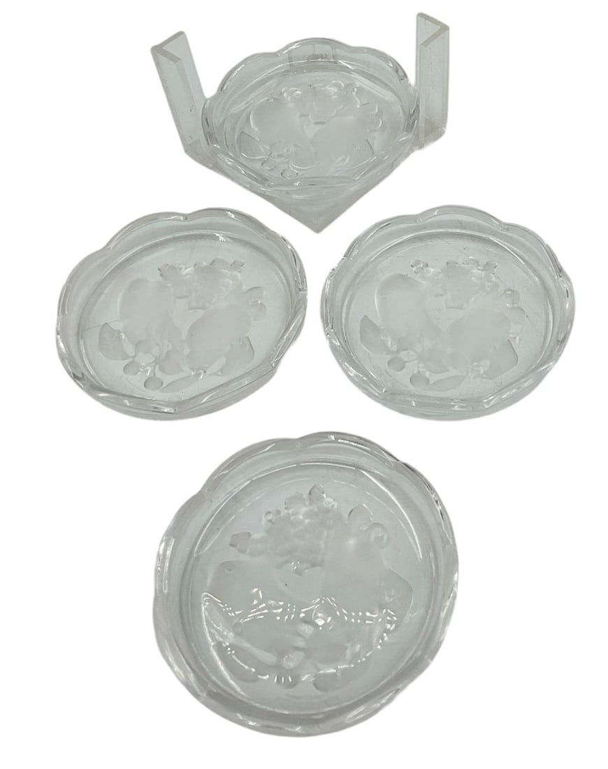 Set of Four Frosted Glass Intaglio Coasters with Holder (1 of 2)