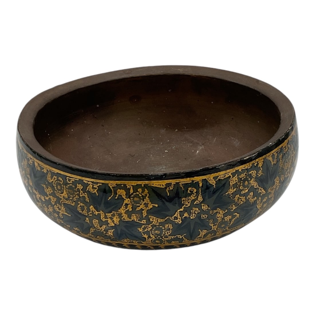 Vintage Kashmiri Paper Mache Floral Bowl: Vintage Kashmiri paper mâché bowl featuring hand-painted gilt floral decoration against a dark ground in the traditional style of Kashmiri decorative arts. Dim