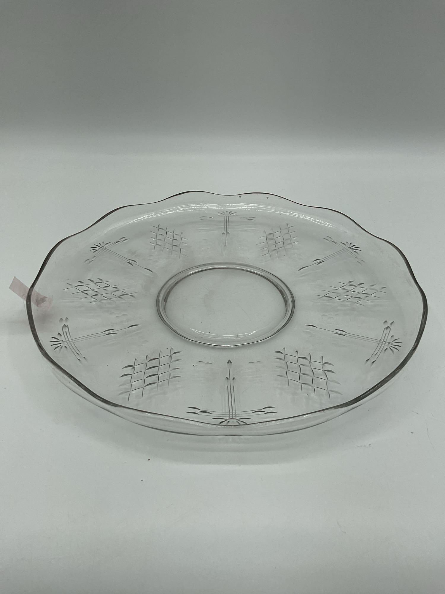 Etched Clear Glass Serving Plate with Lattice and Floral Motif (1 of 2)