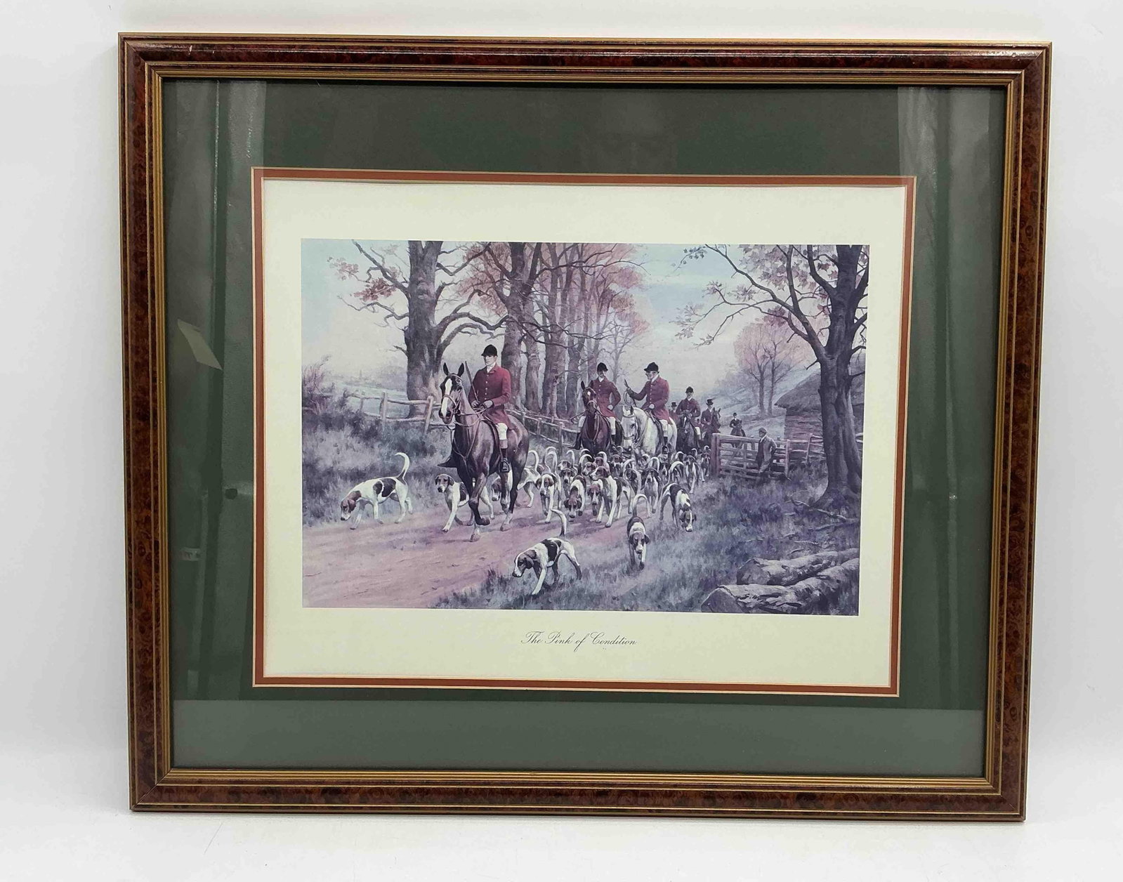 The Pink of Condition: Framed print depicting an English fox hunting scene, with riders in traditional red hunting coats on horseback accompanied by a large pack of hounds in a countryside setting. Medium: Print on paper.