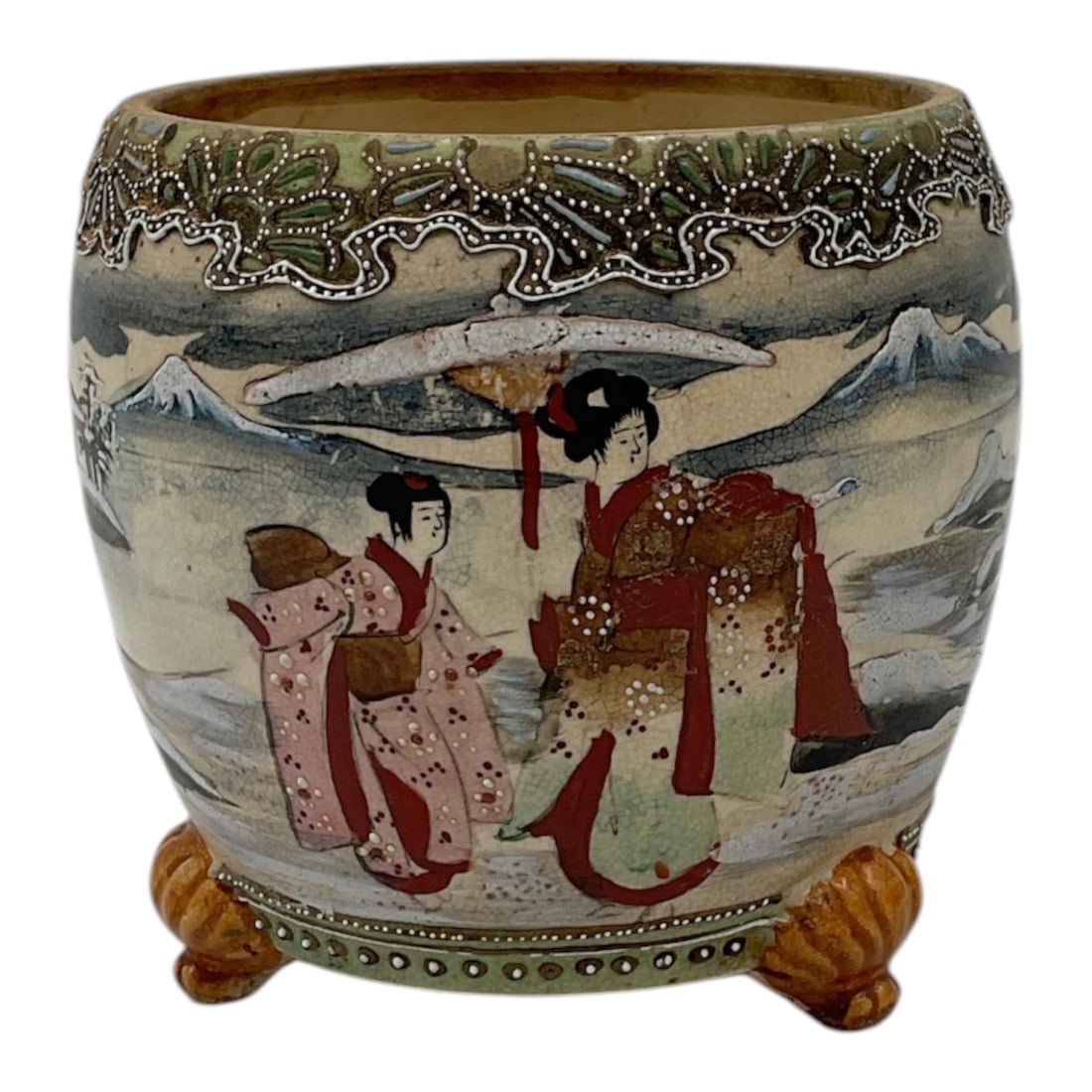 Tripod Japanese Satsuma Style Ceramic Censer: This tripod censer, or koro, is crafted in the traditional Satsuma style with a distinctive cream-colored crackle glaze. The exterior features a continuous hand-painted landscape depicting figures in 
