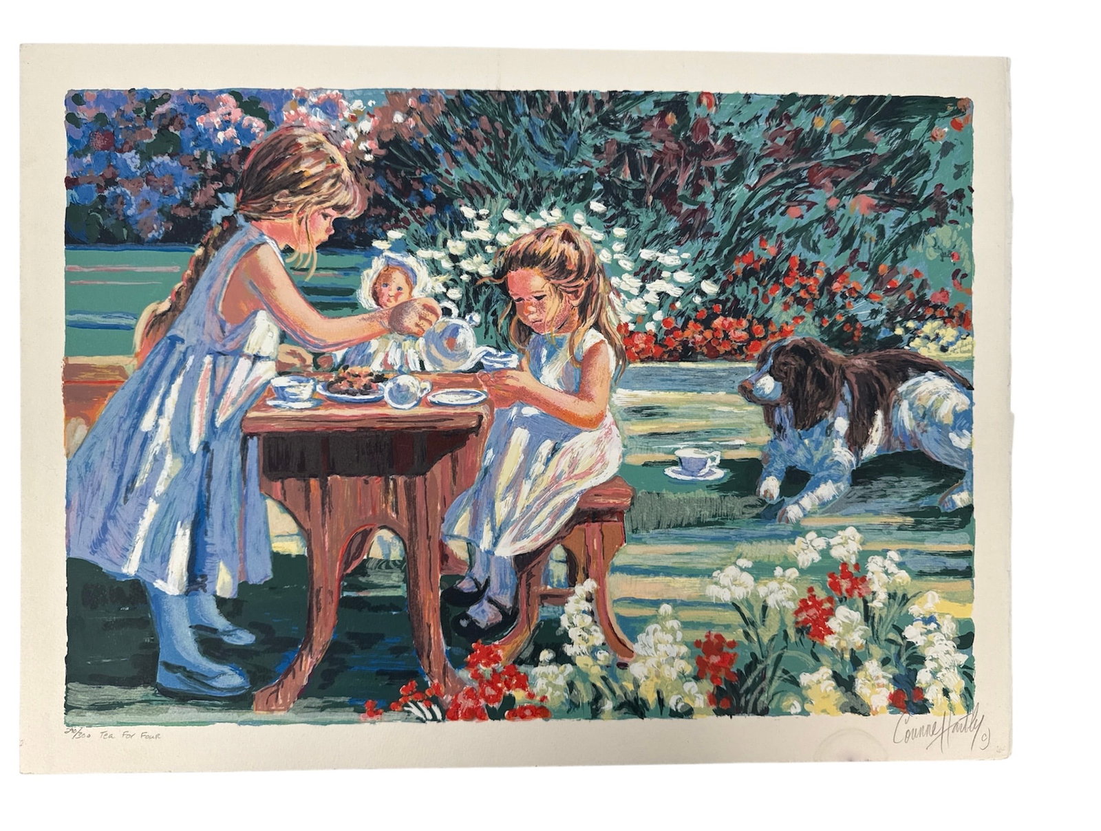 "Tea for Four" by Corinne Hartley (American, 1924-2020) Lithograph: Description: Corinne Hartley, Tea for Four, limited edition lithograph, hand signed and numbered 20/300. Depicts two girls having a tea party with a doll and a dog in a garden setting. Dimensions: 16 