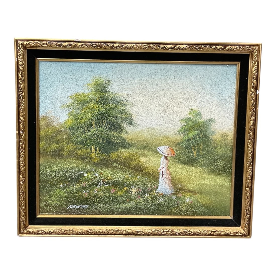 "Woman with Parasol in Meadow" by Gladys Newton (United States, 1903-1991) Oil on Board (1 of 4)