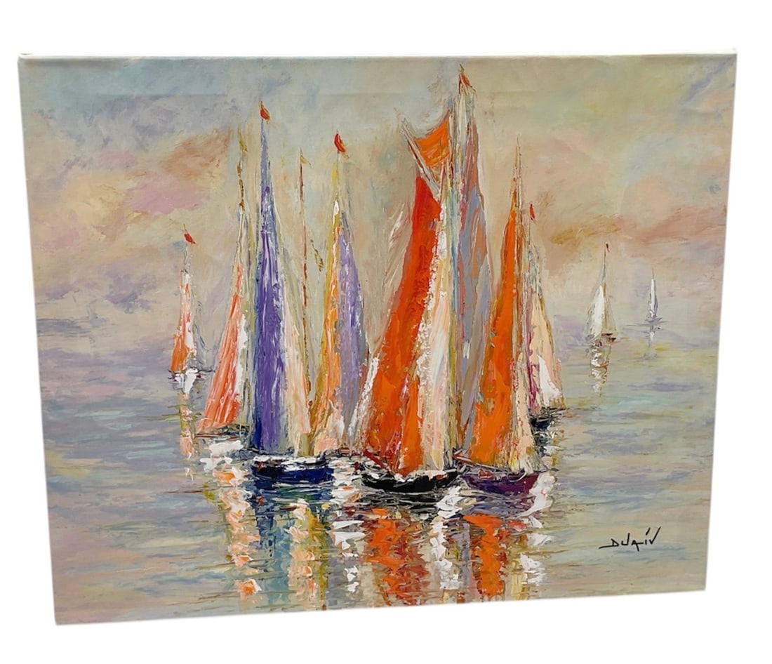 Duaiv Soir Des Voiles Hand Embellished Giclee on Canvas Edition 95: A hand embellished giclee on canvas titled Soir Des Voiles by Duaiv, dated 2000. The composition depicts a serene seascape with sailboats rendered in a soft, impressionistic style, featuring vibrant