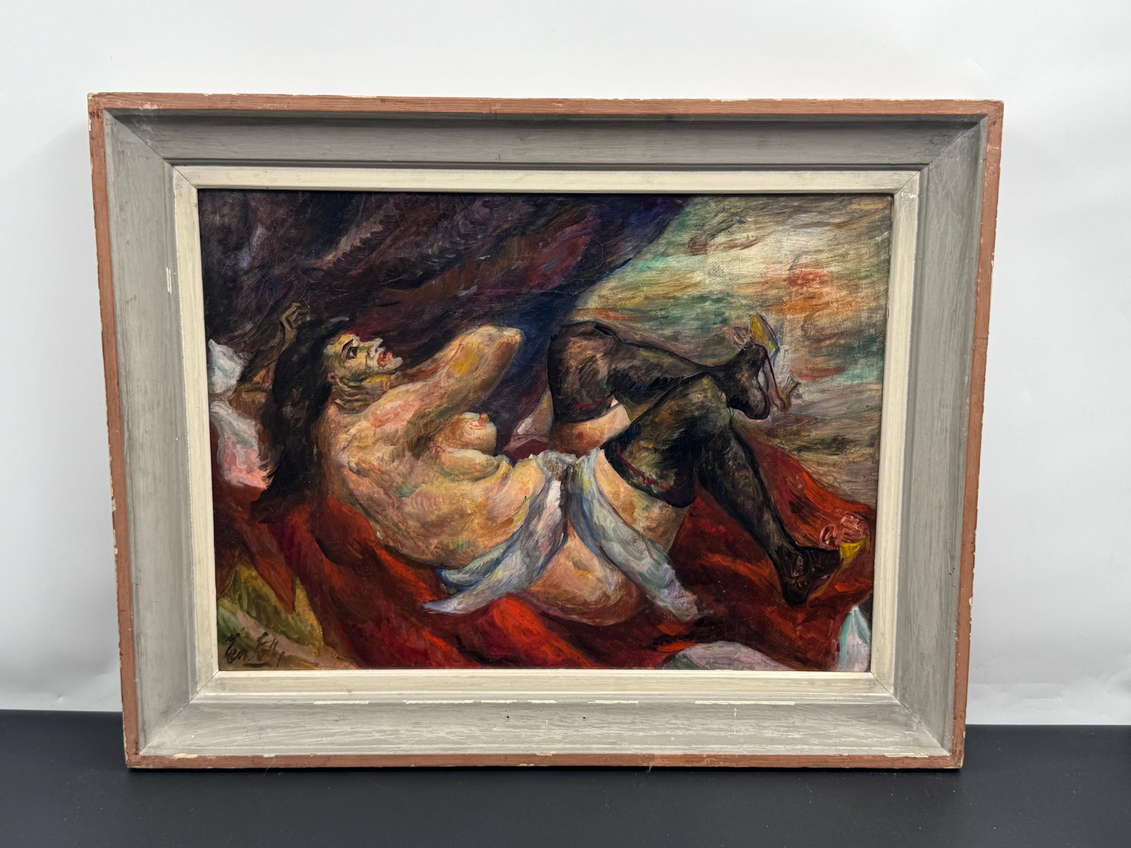 "Nude with black stockings" by Leon Kelly (France, 1901-1982) Oil on Board: Description: Original painting titled Nude with Black Stockings by American artist Leon Kelly. This powerful expressionist composition depicts a reclining nude wom