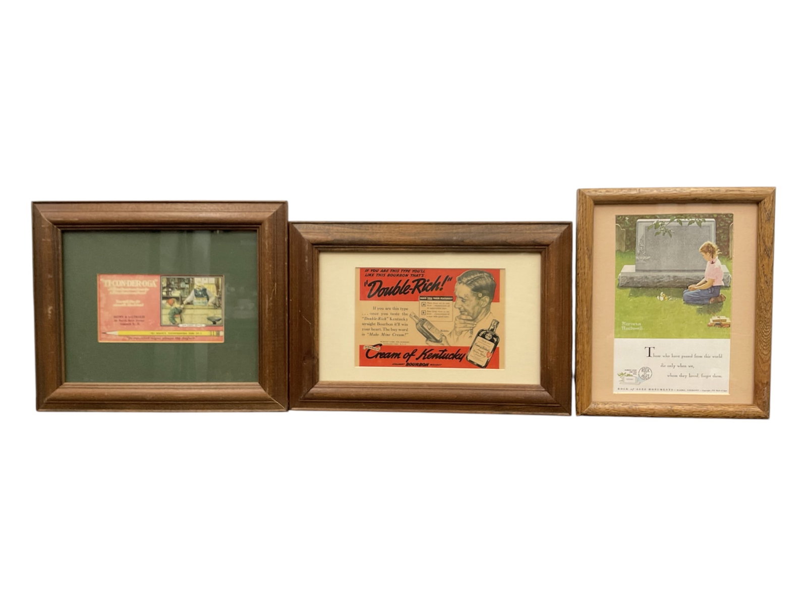 "Ticonderoga, Double-Rich, and Rock of Ages" by Norman Rockwell (United States, 1894-1978) Trio (3): This lot features three framed vintage advertisements showcasing Norman Rockwell's commercial illustrations. The first is a Ticonderoga Pencils advertisement featuring a schoolroom scene; the seco